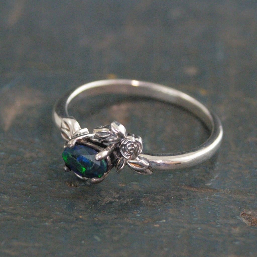 Oval Black Opal Ring Floral Rose Silver Ring Romantic Rose Ring 6x4mm Horizontal Facetted Oval Black Opal Ring Victorian Rose Opal Ring