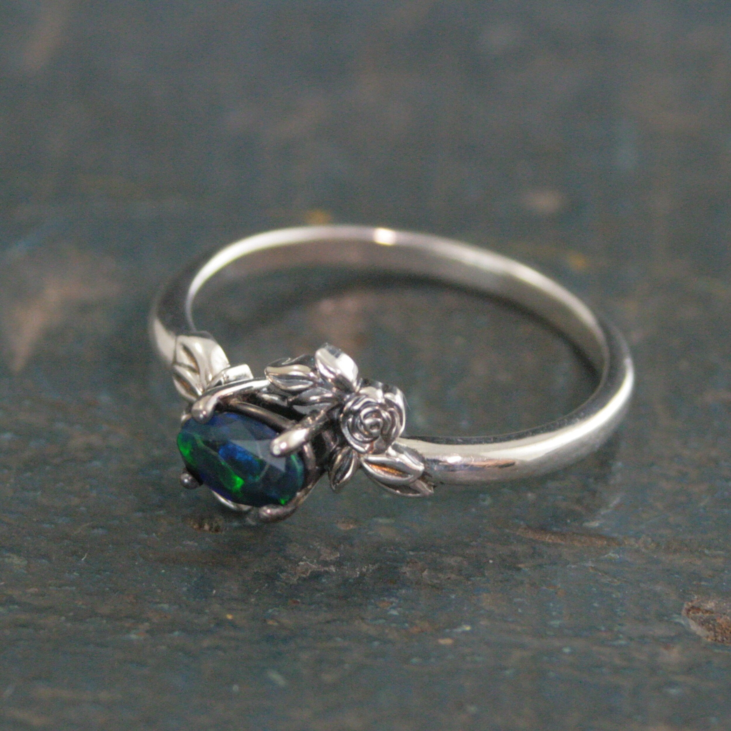 Oval Black Opal Ring Floral Rose Silver Ring Romantic Rose Ring 6x4mm Horizontal Facetted Oval Black Opal Ring Victorian Rose Opal Ring