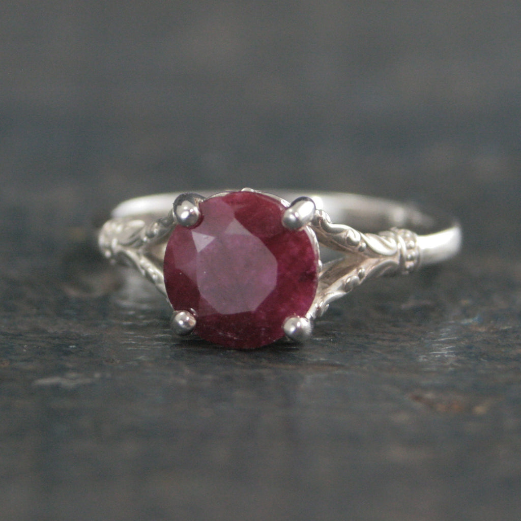 Ruby Ring Elsa Large 8mm Color Enhanced Corundum Ruby Ring Silver Swirl Antique Design Ring Red Stone Valentine's Day Gift for Her