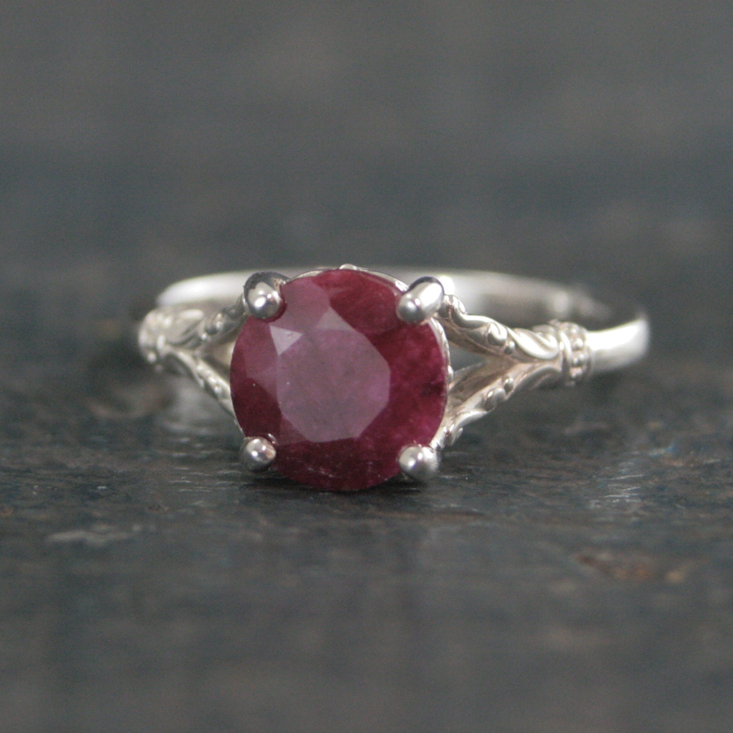 Ruby Ring Elsa Large 8mm Color Enhanced Corundum Ruby Ring Silver Swirl Antique Design Ring Red Stone Valentine's Day Gift for Her