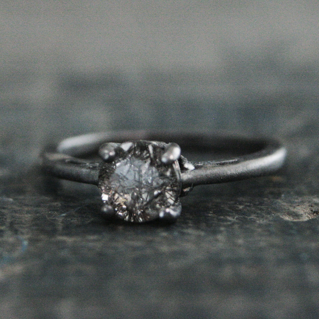 Black Silver Solitaire Ring Dark Pixie Rutilated Quartz Ring Oxidized Silver Ring Gothic Engagement Ring 6mm Black Tourmalinated Quartz