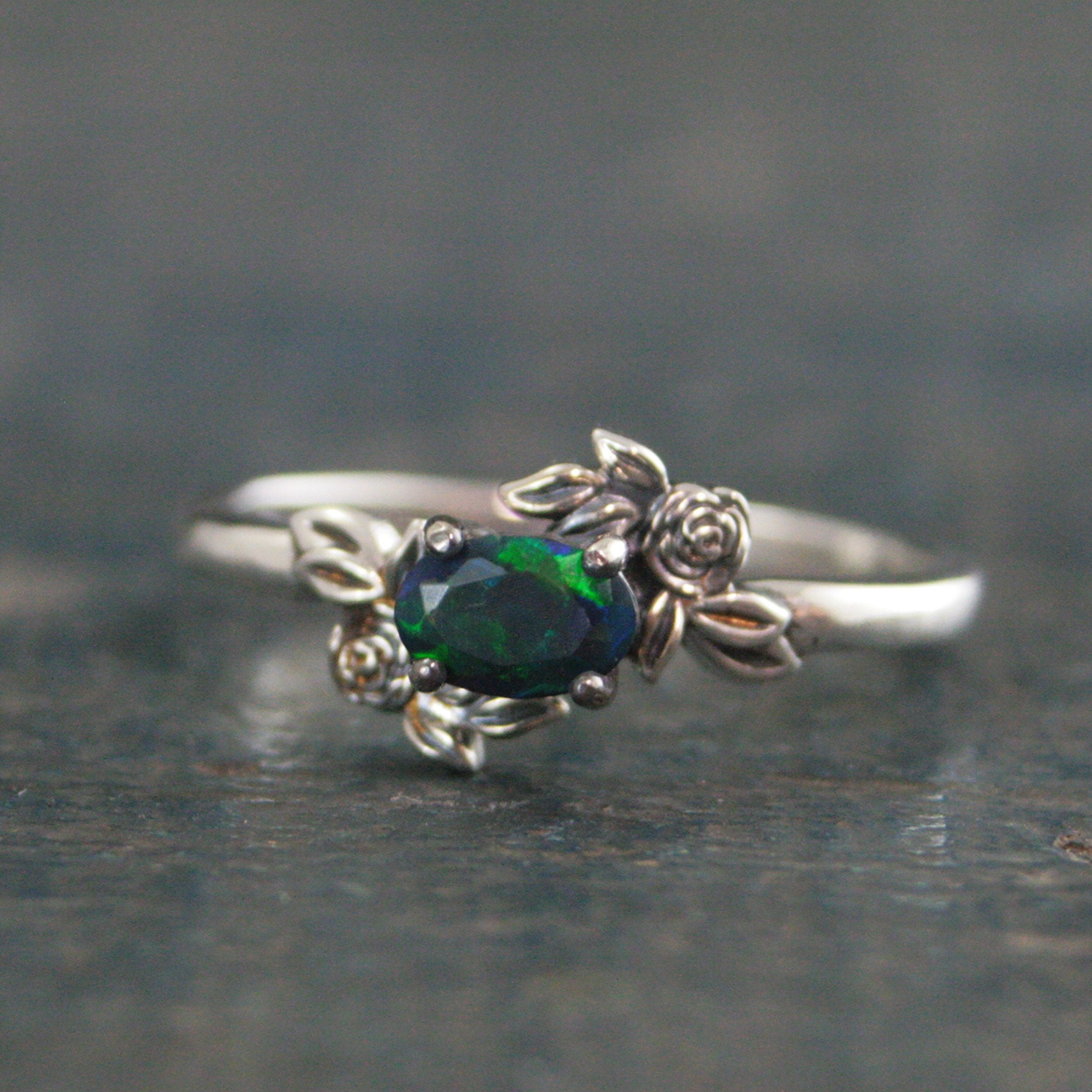 Oval Black Opal Ring Floral Rose Silver Ring Romantic Rose Ring 6x4mm Horizontal Facetted Oval Black Opal Ring Victorian Rose Opal Ring