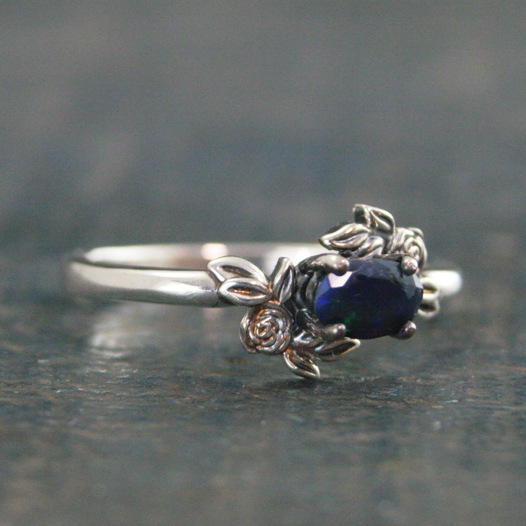 Oval Black Opal Ring Floral Rose Silver Ring Romantic Rose Ring 6x4mm Horizontal Facetted Oval Black Opal Ring Victorian Rose Opal Ring