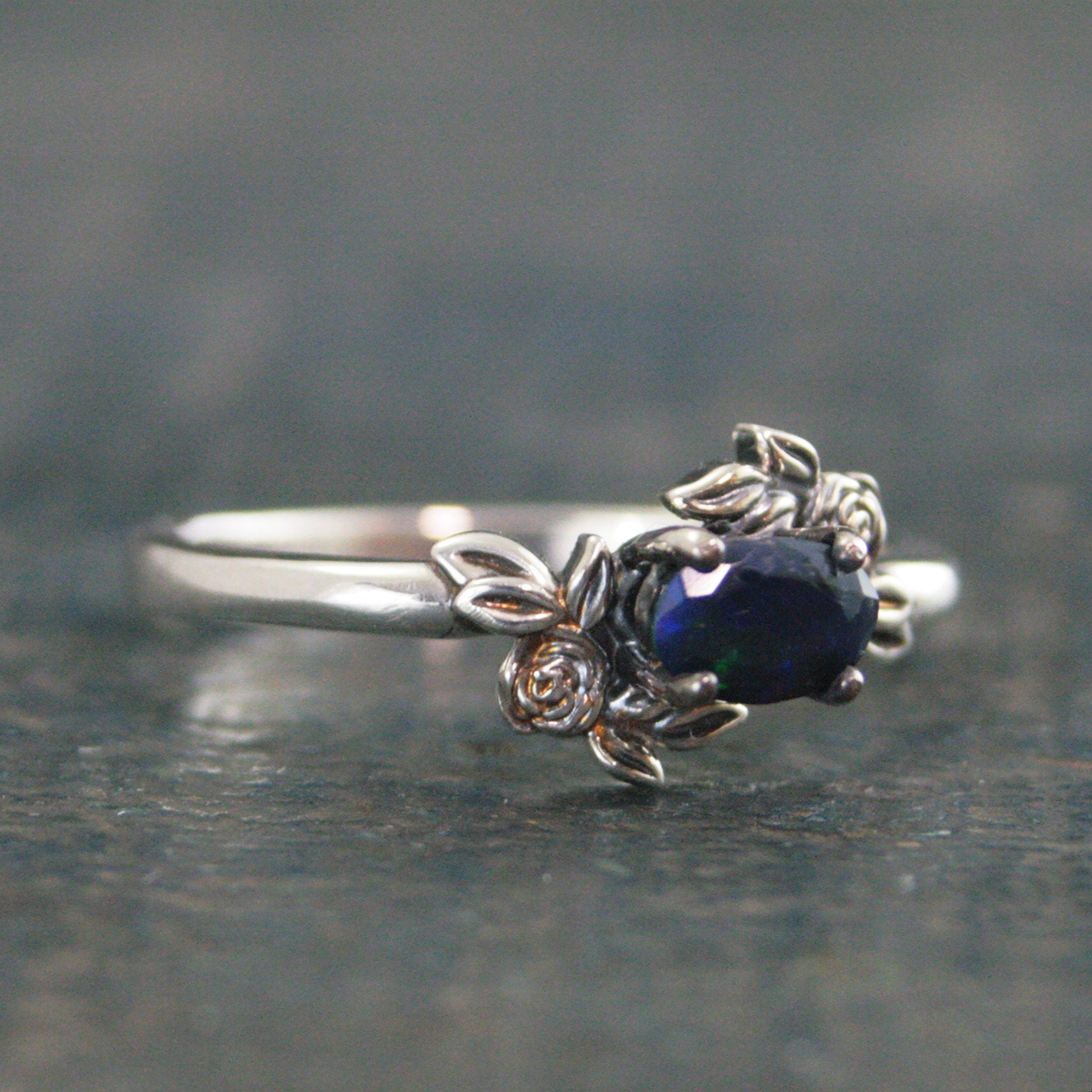 Oval Black Opal Ring Floral Rose Silver Ring Romantic Rose Ring 6x4mm Horizontal Facetted Oval Black Opal Ring Victorian Rose Opal Ring