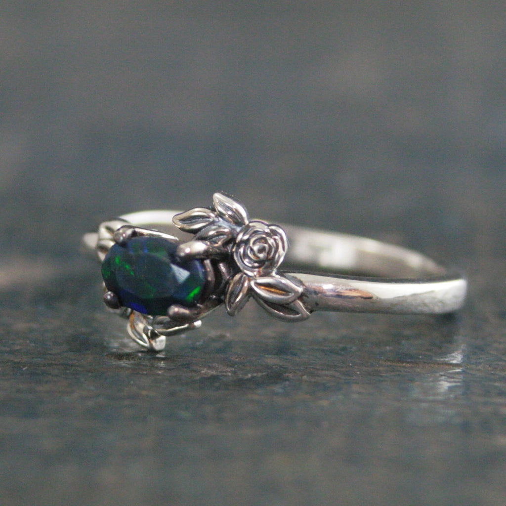 Oval Black Opal Ring Floral Rose Silver Ring Romantic Rose Ring 6x4mm Horizontal Facetted Oval Black Opal Ring Victorian Rose Opal Ring
