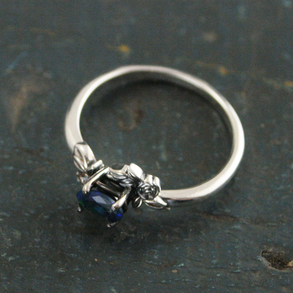 Oval Black Opal Ring Floral Rose Silver Ring Romantic Rose Ring 6x4mm Horizontal Facetted Oval Black Opal Ring Victorian Rose Opal Ring