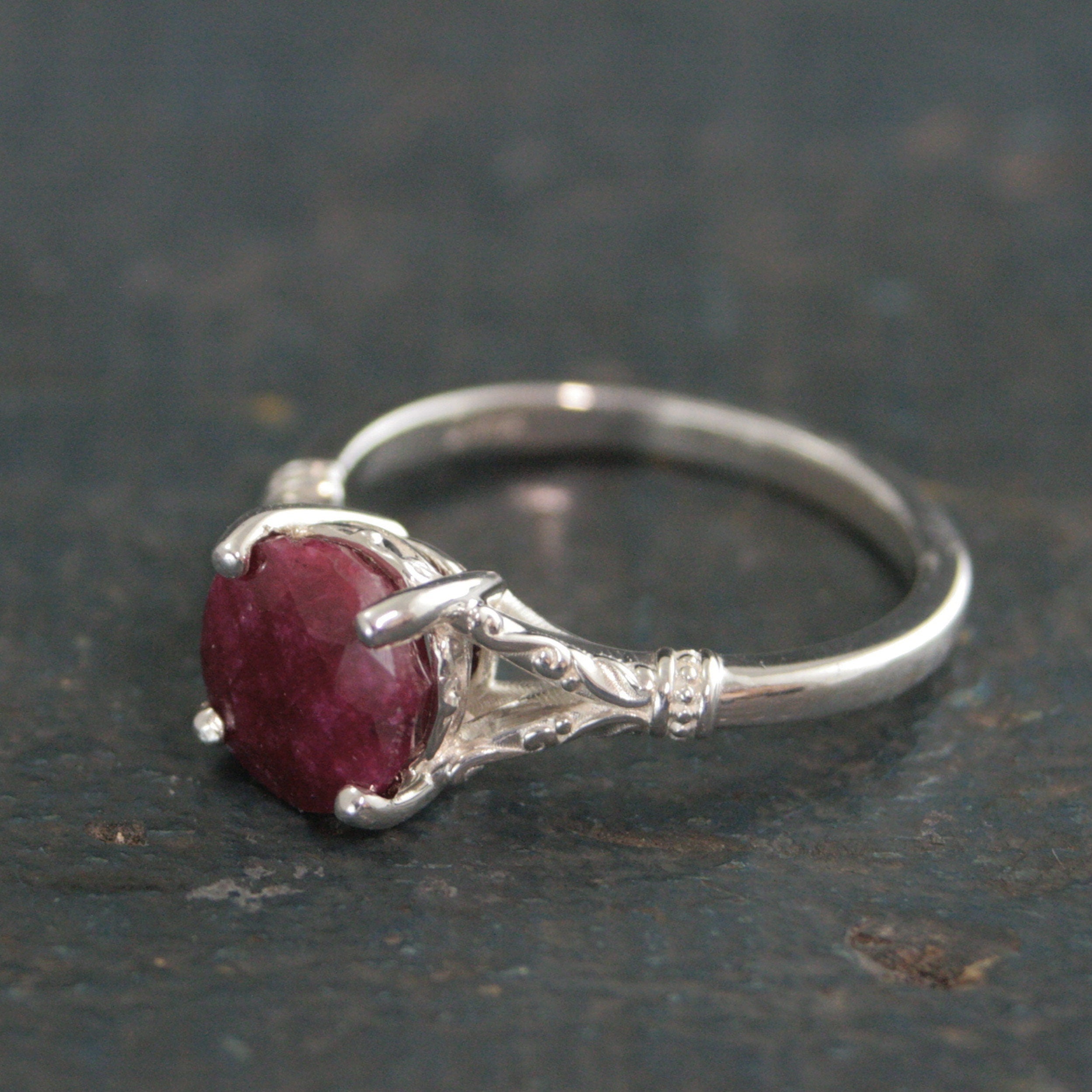 Ruby Ring Elsa Large 8mm Color Enhanced Corundum Ruby Ring Silver Swirl Antique Design Ring Red Stone Valentine's Day Gift for Her