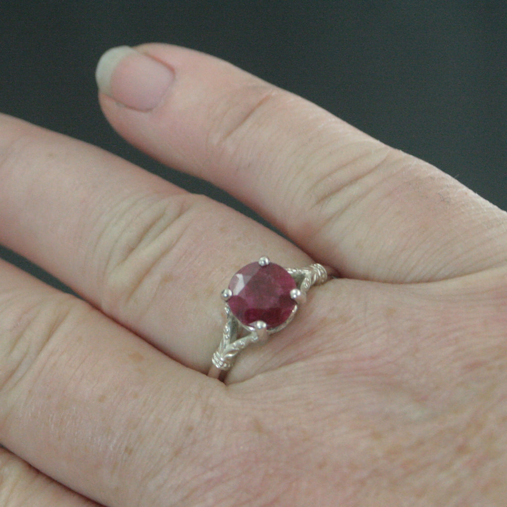 Ruby Ring Elsa Large 8mm Color Enhanced Corundum Ruby Ring Silver Swirl Antique Design Ring Red Stone Valentine's Day Gift for Her