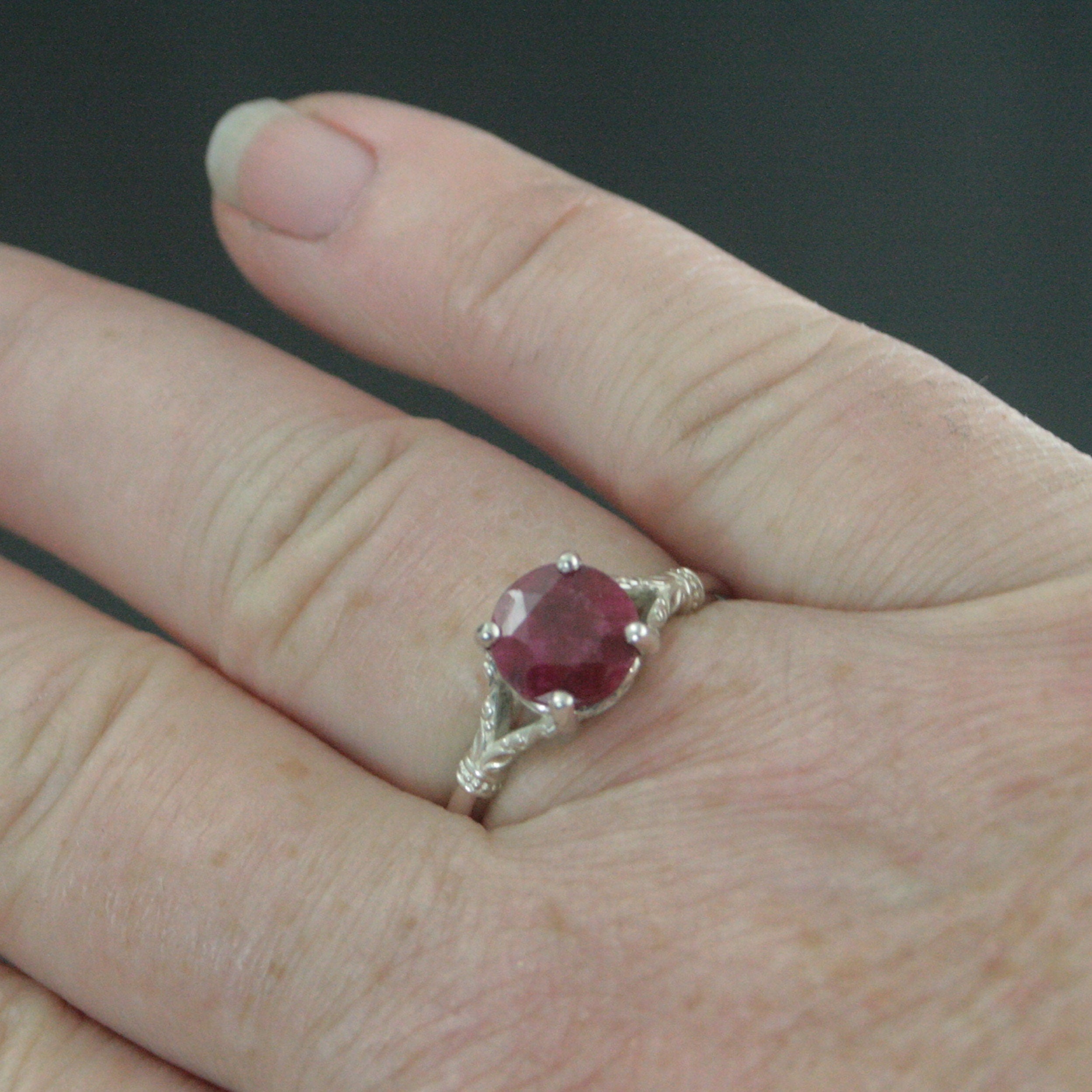 Ruby Ring Elsa Large 8mm Color Enhanced Corundum Ruby Ring Silver Swirl Antique Design Ring Red Stone Valentine's Day Gift for Her