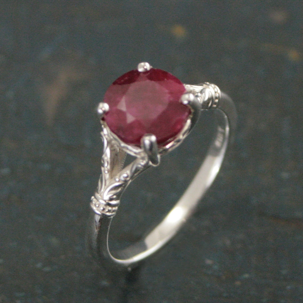 Ruby Ring Elsa Large 8mm Color Enhanced Corundum Ruby Ring Silver Swirl Antique Design Ring Red Stone Valentine's Day Gift for Her