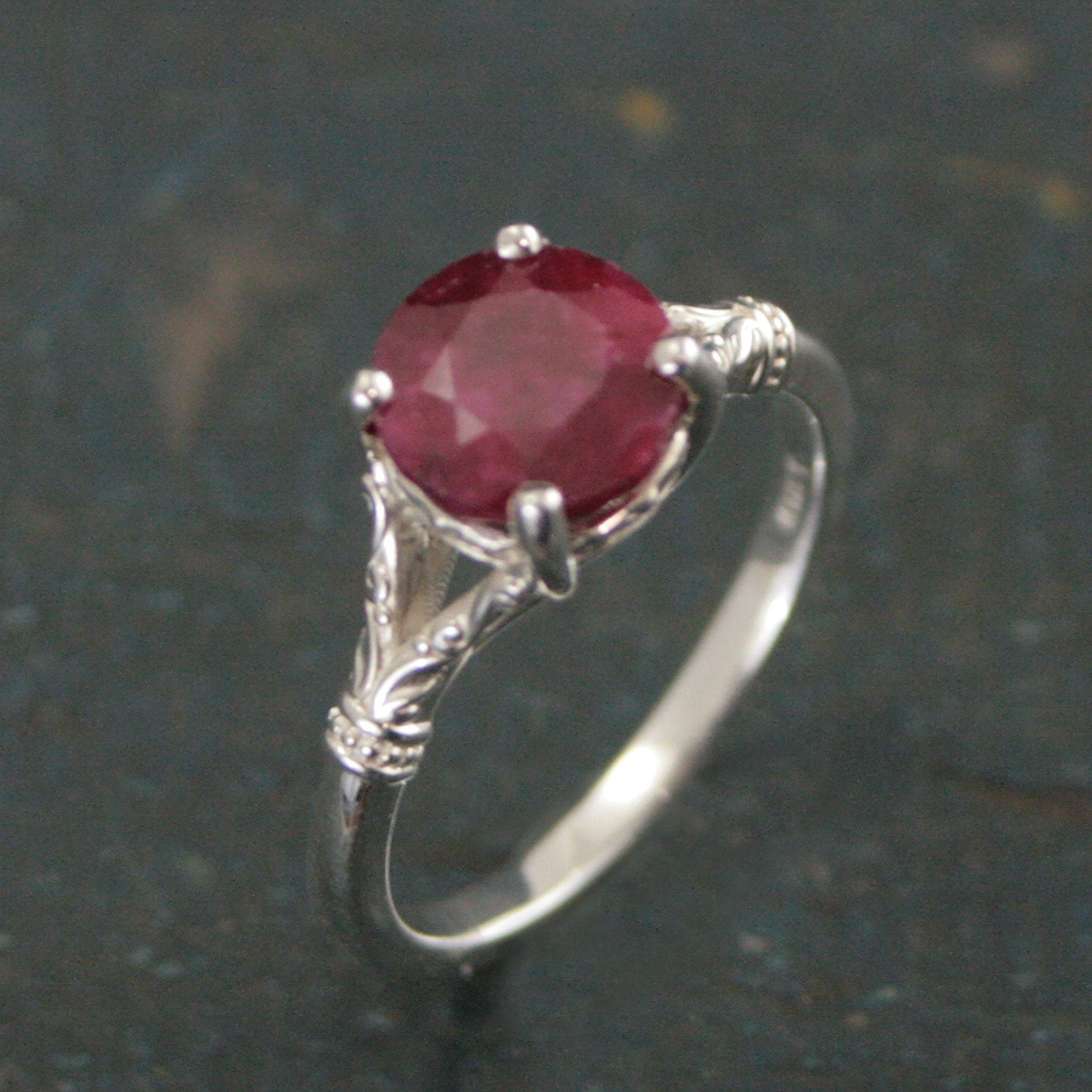 Ruby Ring Elsa Large 8mm Color Enhanced Corundum Ruby Ring Silver Swirl Antique Design Ring Red Stone Valentine's Day Gift for Her