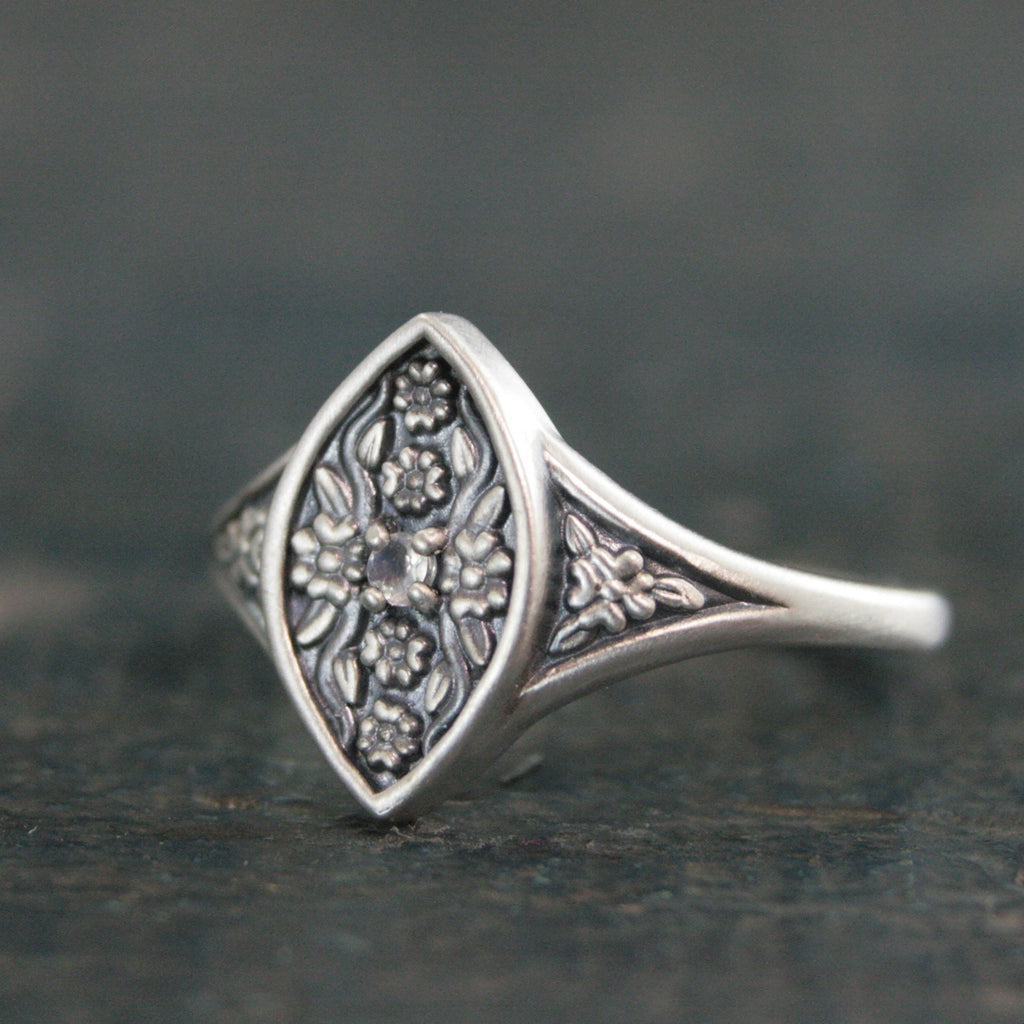 Moonstone Floral Ring Isabela Flower Marquee Silver Ring Encanto Romantic Promise Ring Silver Marquee Moonstone Engagement Ring Art Nouveau