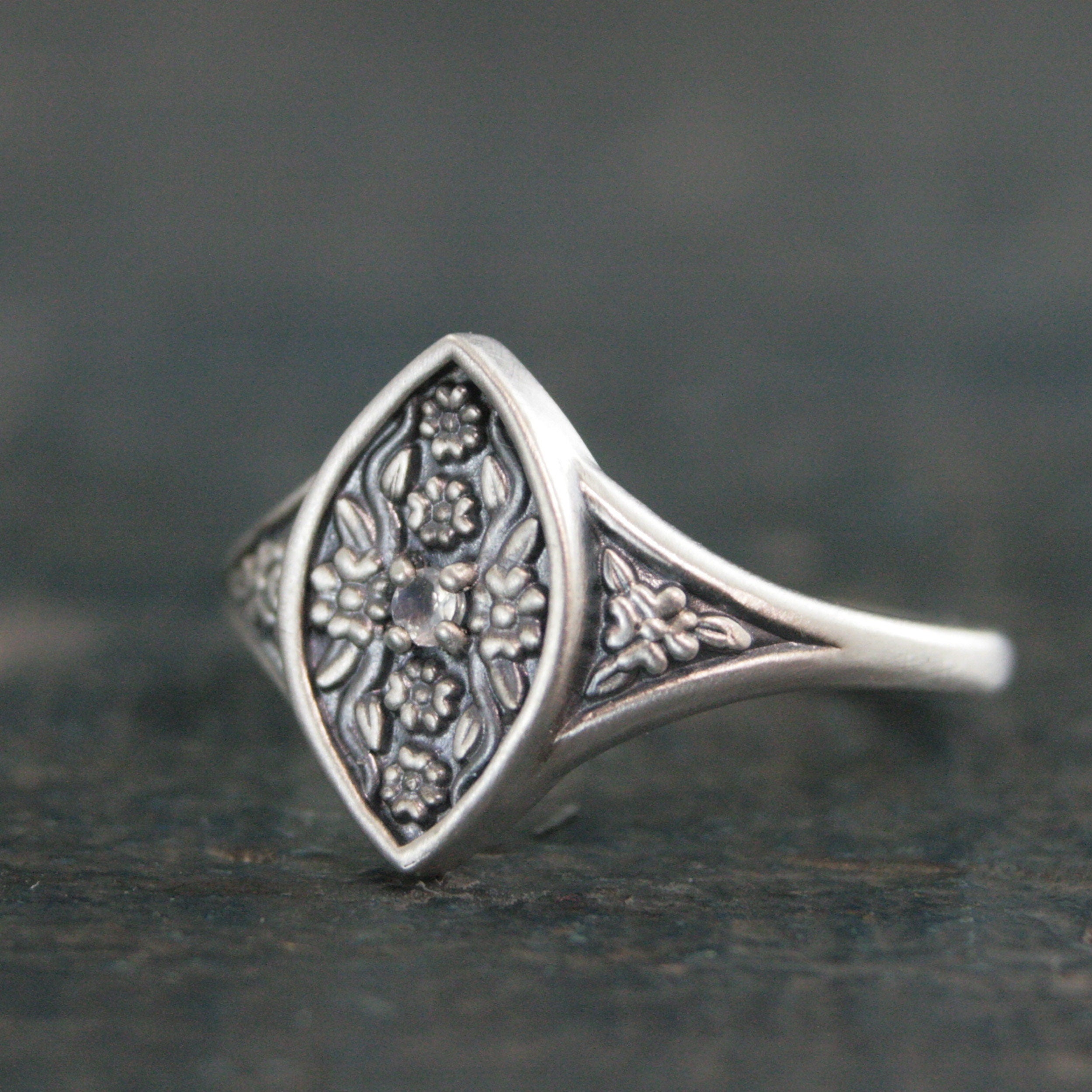Moonstone Floral Ring Isabela Flower Marquee Silver Ring Encanto Romantic Promise Ring Silver Marquee Moonstone Engagement Ring Art Nouveau
