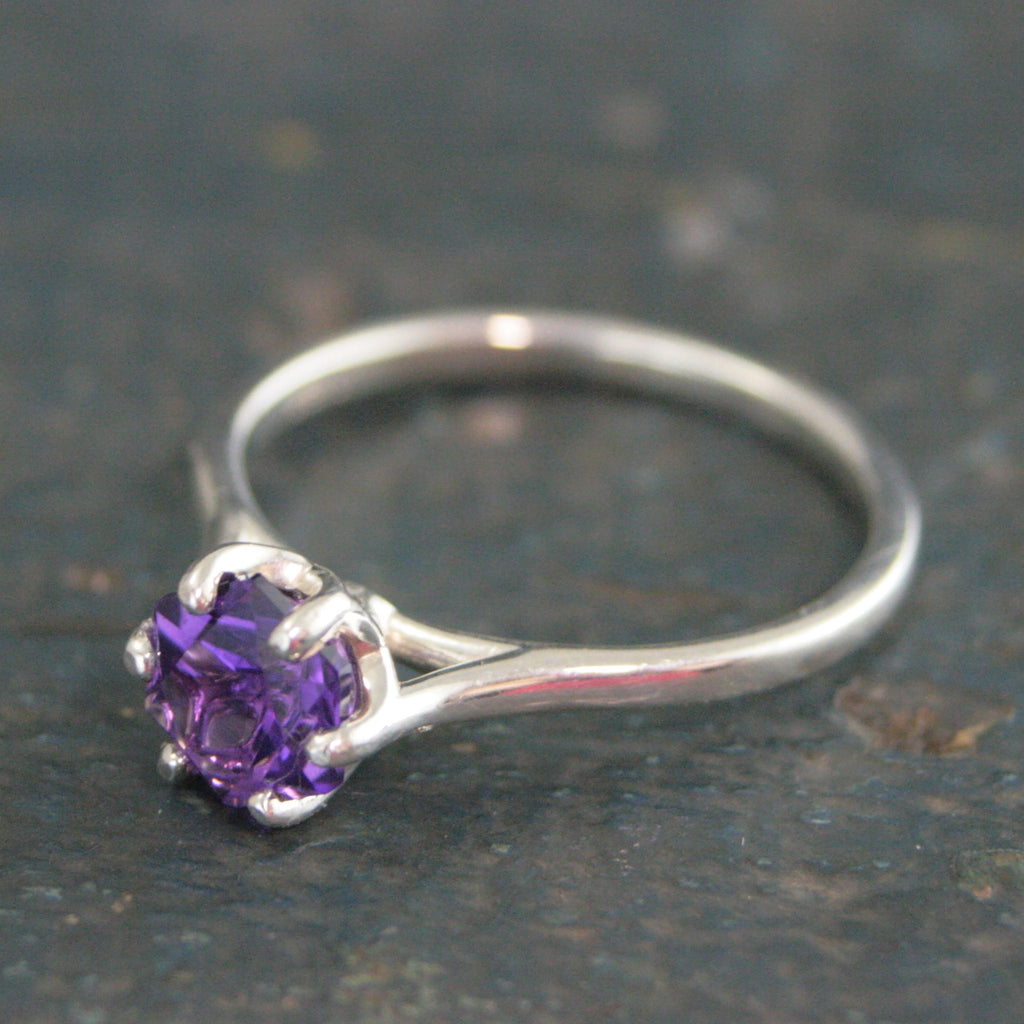 6mm Hexagonal Amethyst 6 Prong Setting Cathedral Solitaire February Birthstone Ring Silver Amethyst Ring Gift for Her Purple Stone Ring