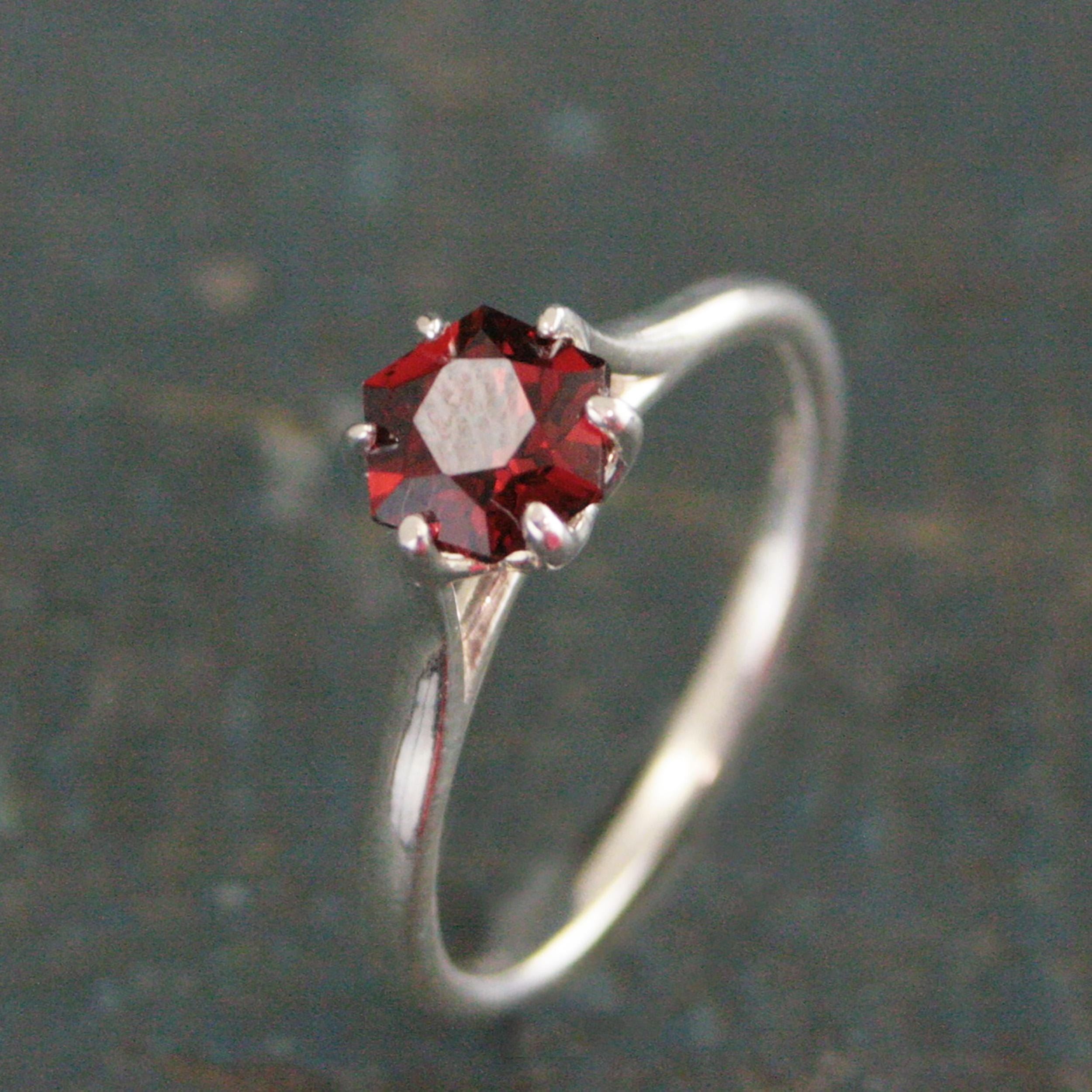 Silver Hexagon Ring Red Garnet Ring Unique Hexagon Stone Mozambique Garnet Natural Ethically Sourced Recycled Metal January Birthstone Ring