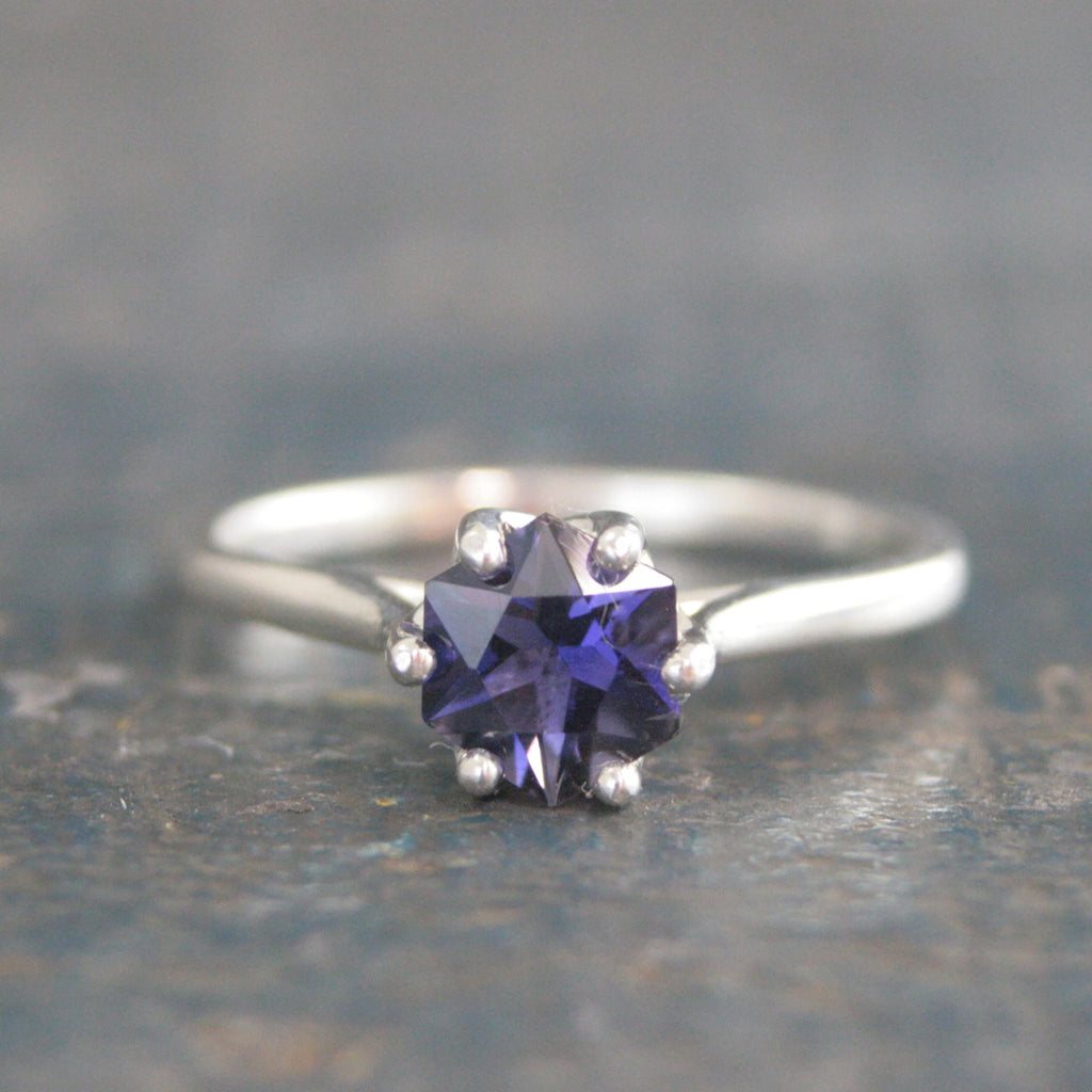 Iolite Ring Hexagon Cathedral Solitaire Sterling Silver Iolite Ring Stackable Ring Birthstone Ring Gift for Her Unique Hexagon Cut Stone