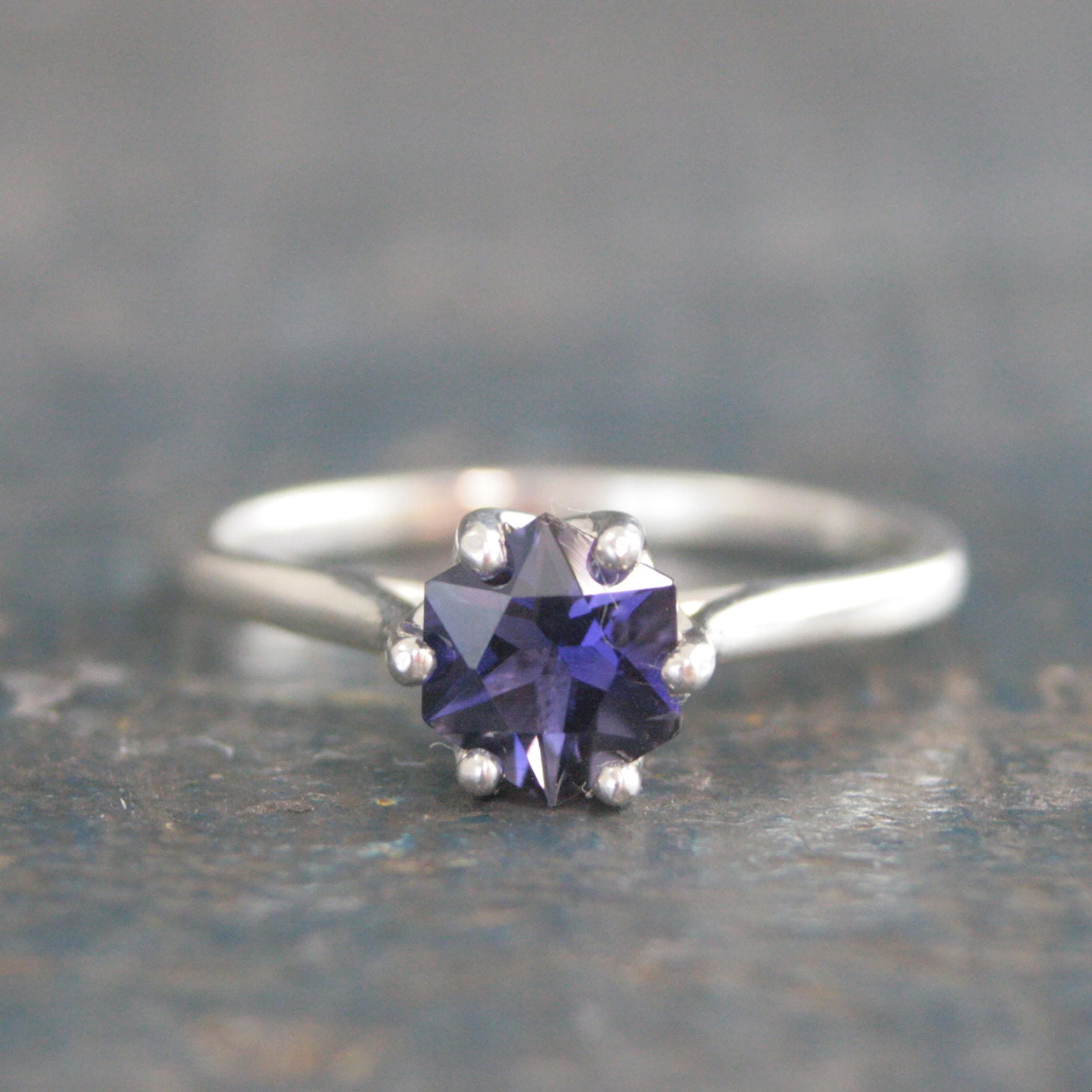 Iolite Ring Hexagon Cathedral Solitaire Sterling Silver Iolite Ring Stackable Ring Birthstone Ring Gift for Her Unique Hexagon Cut Stone