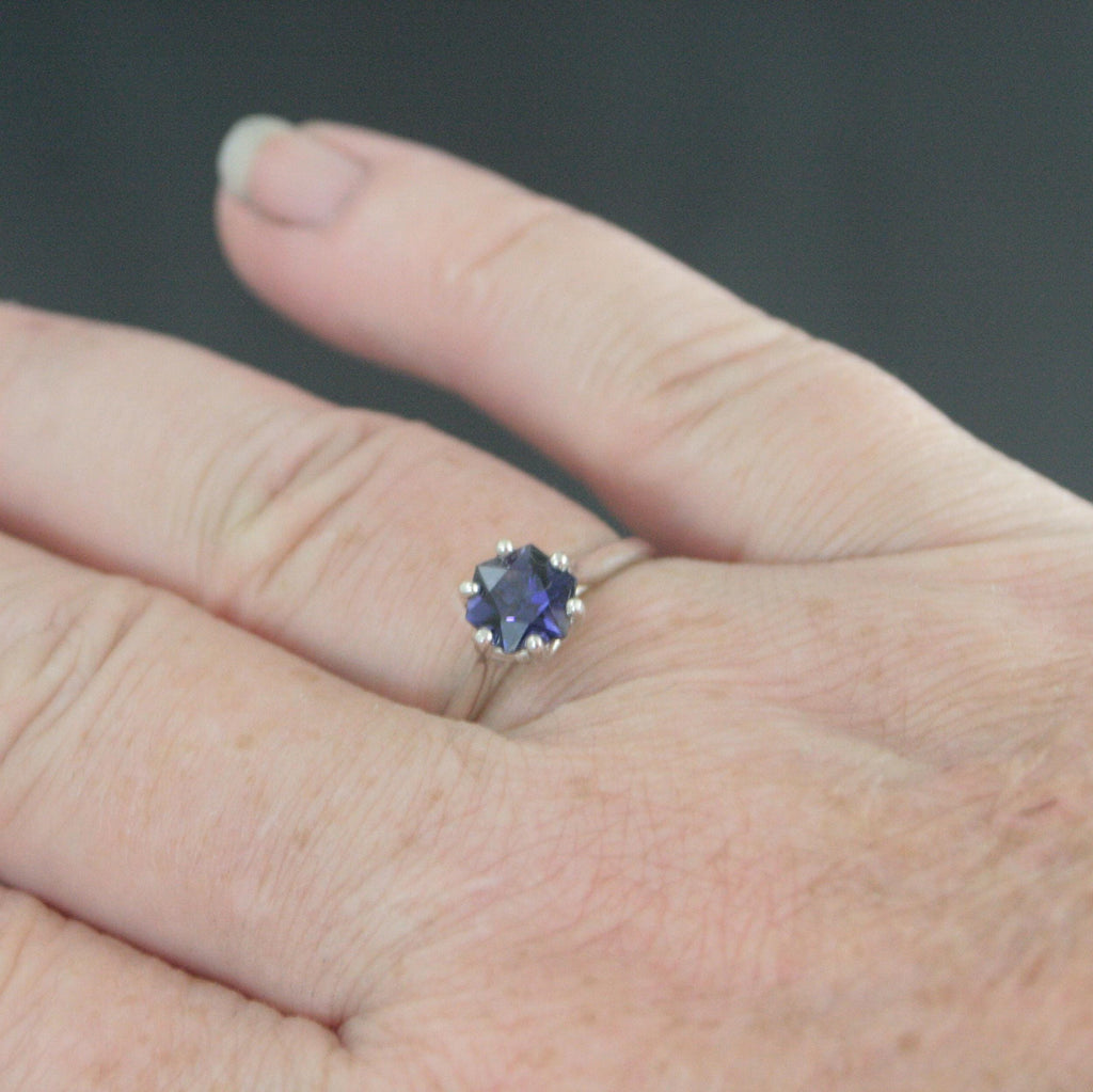 Iolite Ring Hexagon Cathedral Solitaire Sterling Silver Iolite Ring Stackable Ring Birthstone Ring Gift for Her Unique Hexagon Cut Stone
