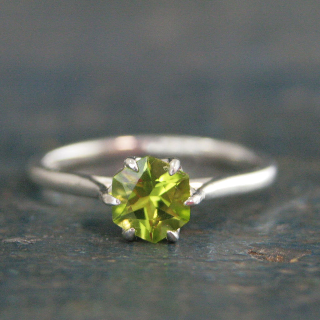 Hexagon Peridot Ring Sterling Silver Cathedral Setting Lotus Blossom Green Stone August Birthstone Ring Mother's Jewelry Family Ring Gift