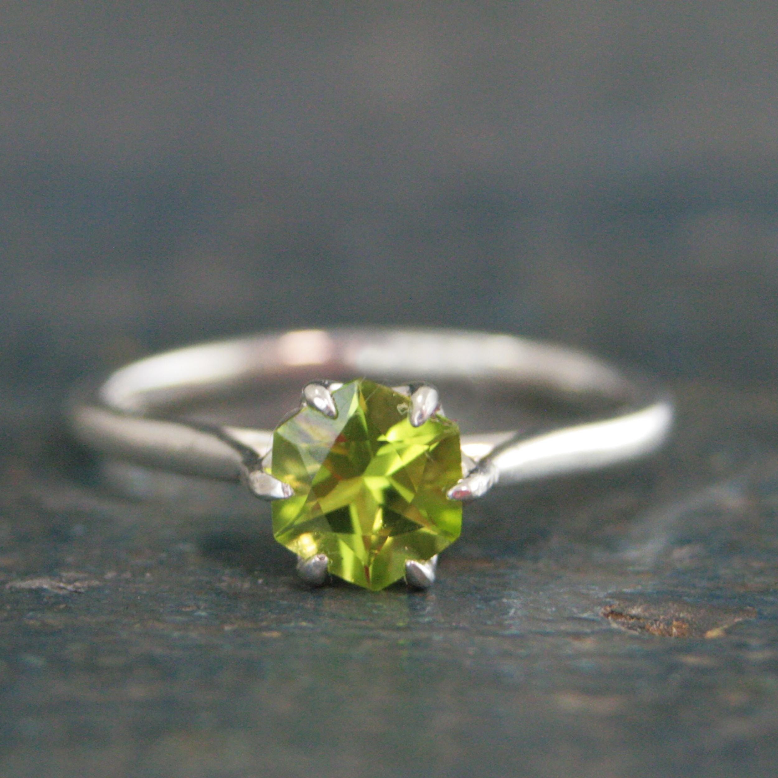 Hexagon Peridot Ring Sterling Silver Cathedral Setting Lotus Blossom Green Stone August Birthstone Ring Mother's Jewelry Family Ring Gift