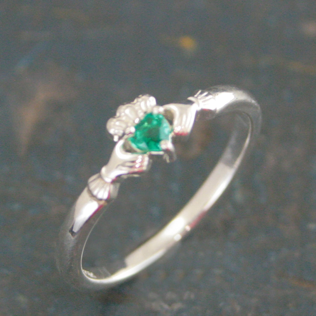Tiny Celtic Heart Ring Claddagh Ring with Lab Grown Emerald Heart Irish Claddagh Ring Silver Heart and Hands Friendship Ring St. Patrick's