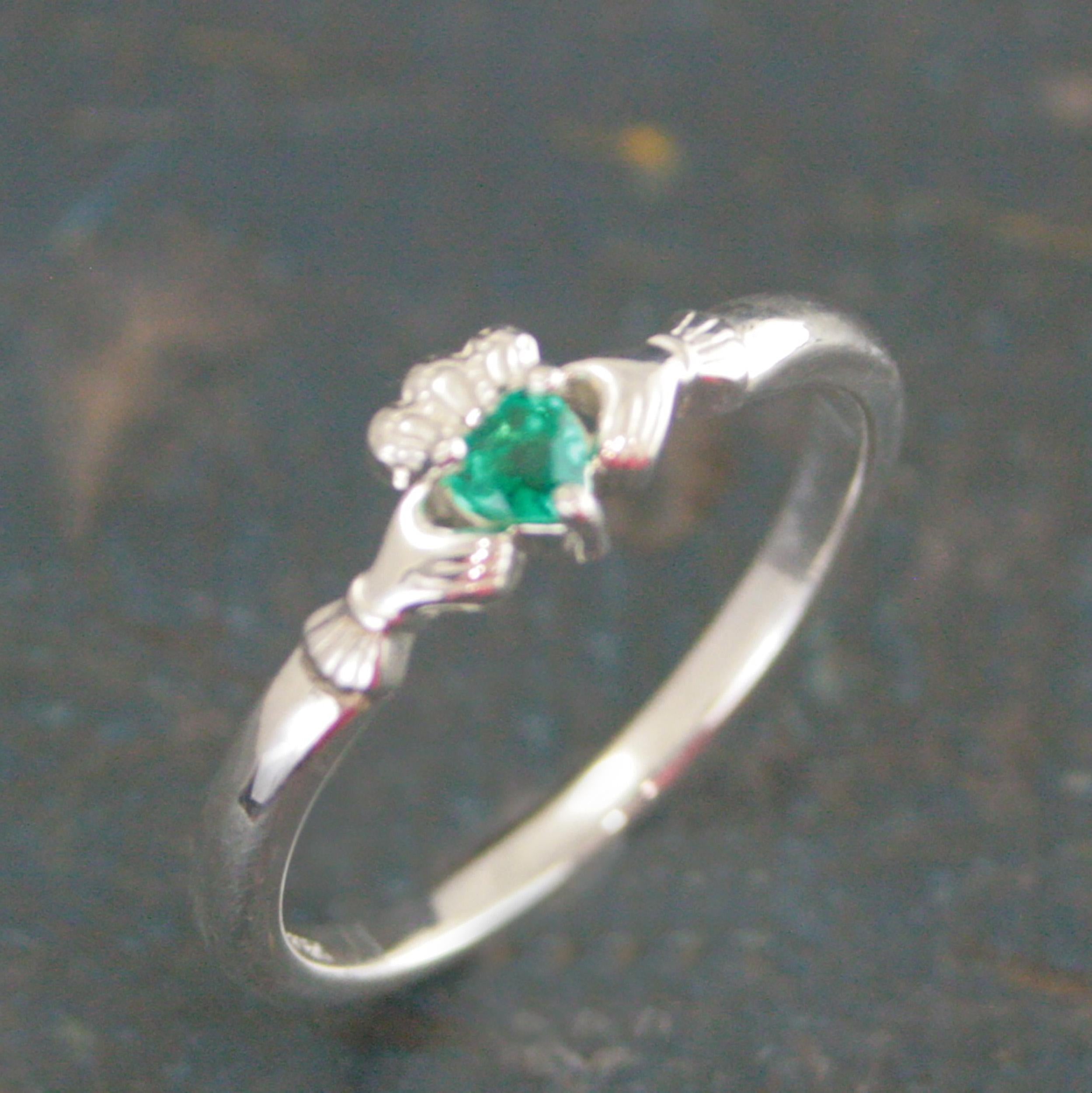 Tiny Celtic Heart Ring Claddagh Ring with Lab Grown Emerald Heart Irish Claddagh Ring Silver Heart and Hands Friendship Ring St. Patrick's