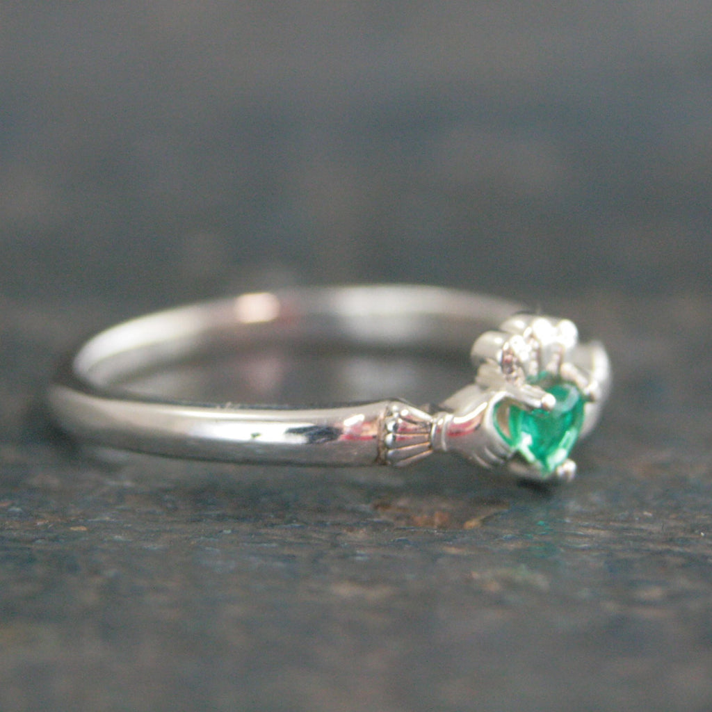 Tiny Celtic Heart Ring Claddagh Ring with Lab Grown Emerald Heart Irish Claddagh Ring Silver Heart and Hands Friendship Ring St. Patrick's
