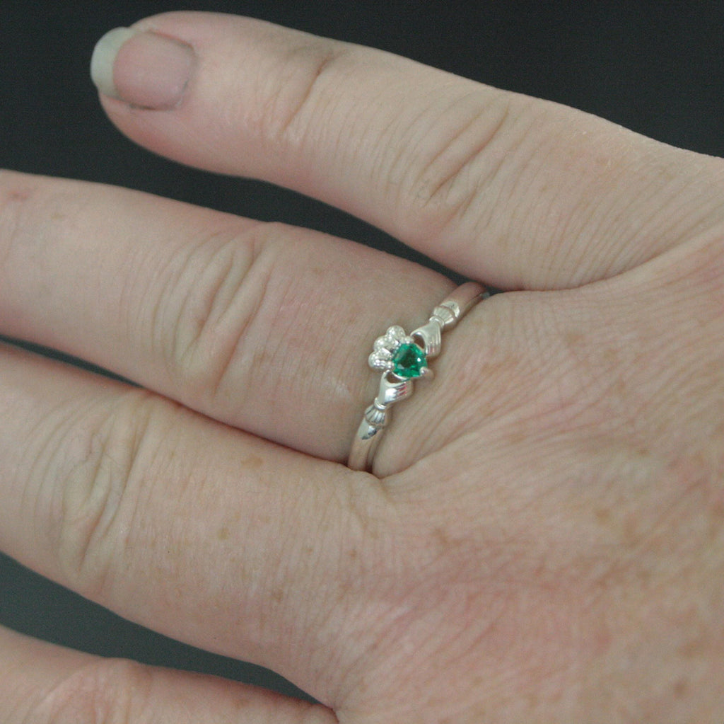 Tiny Celtic Heart Ring Claddagh Ring with Lab Grown Emerald Heart Irish Claddagh Ring Silver Heart and Hands Friendship Ring St. Patrick's