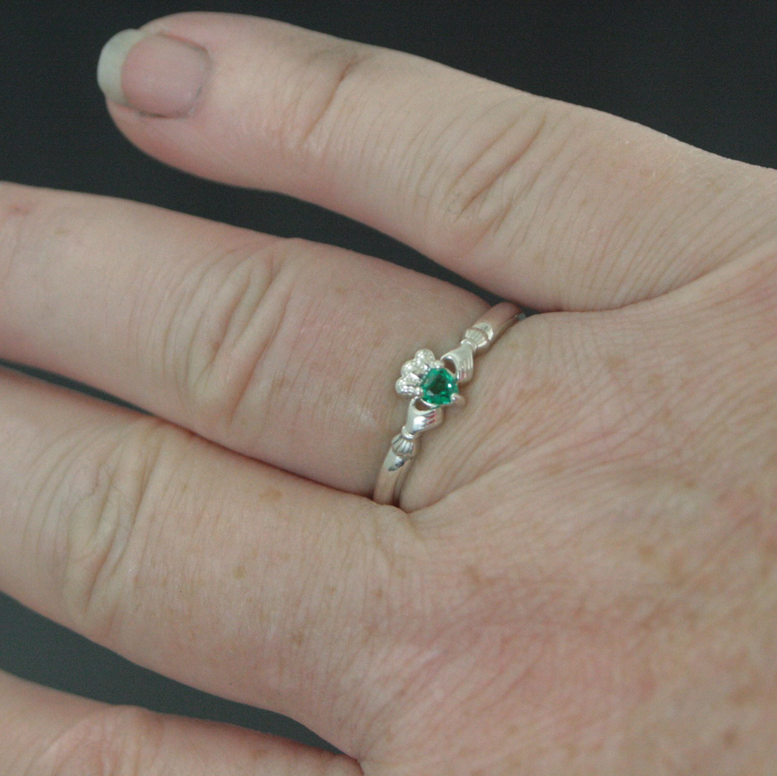 Tiny Celtic Heart Ring Claddagh Ring with Lab Grown Emerald Heart Irish Claddagh Ring Silver Heart and Hands Friendship Ring St. Patrick's