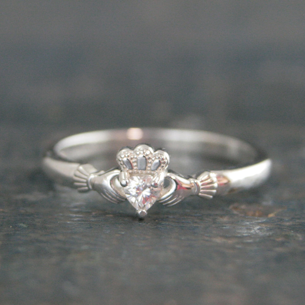 Tiny Celtic Heart Ring Moissanite Heart Silver Irish Claddagh Ring Promise Ring Sweet 16 Ring Claddagh Wedding Band Petite Engagement Ring