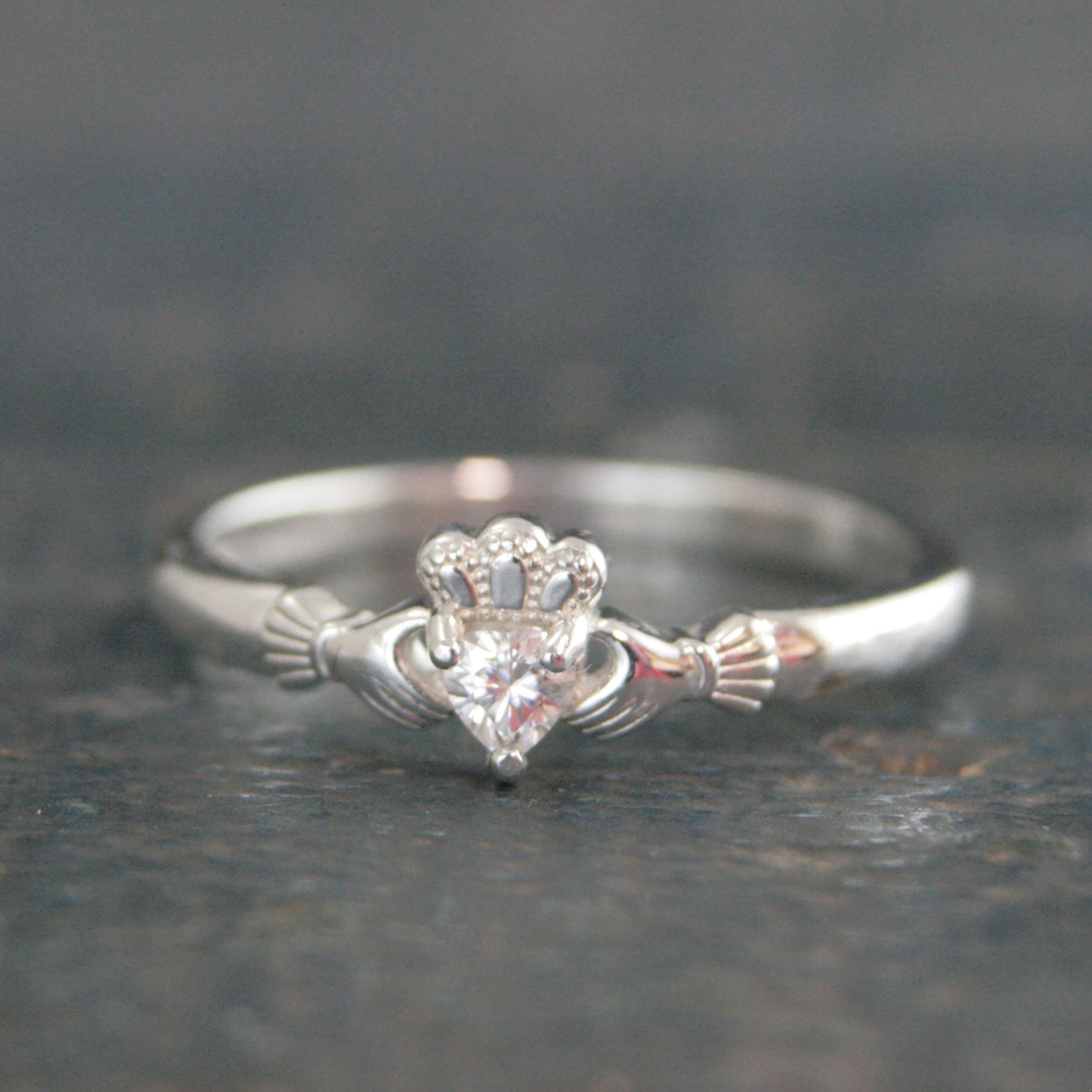 Tiny Celtic Heart Ring Moissanite Heart Silver Irish Claddagh Ring Promise Ring Sweet 16 Ring Claddagh Wedding Band Petite Engagement Ring