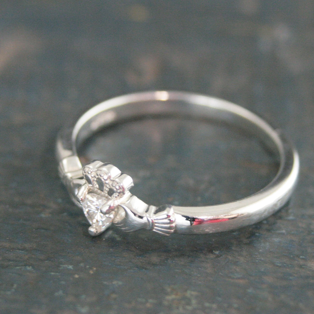 Tiny Celtic Heart Ring Moissanite Heart Silver Irish Claddagh Ring Promise Ring Sweet 16 Ring Claddagh Wedding Band Petite Engagement Ring
