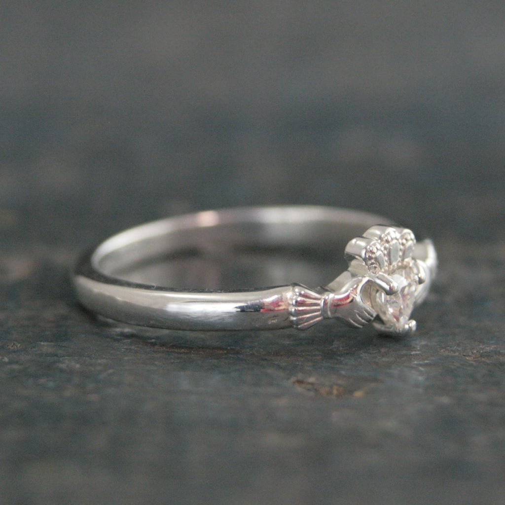 Tiny Celtic Heart Ring Moissanite Heart Silver Irish Claddagh Ring Promise Ring Sweet 16 Ring Claddagh Wedding Band Petite Engagement Ring