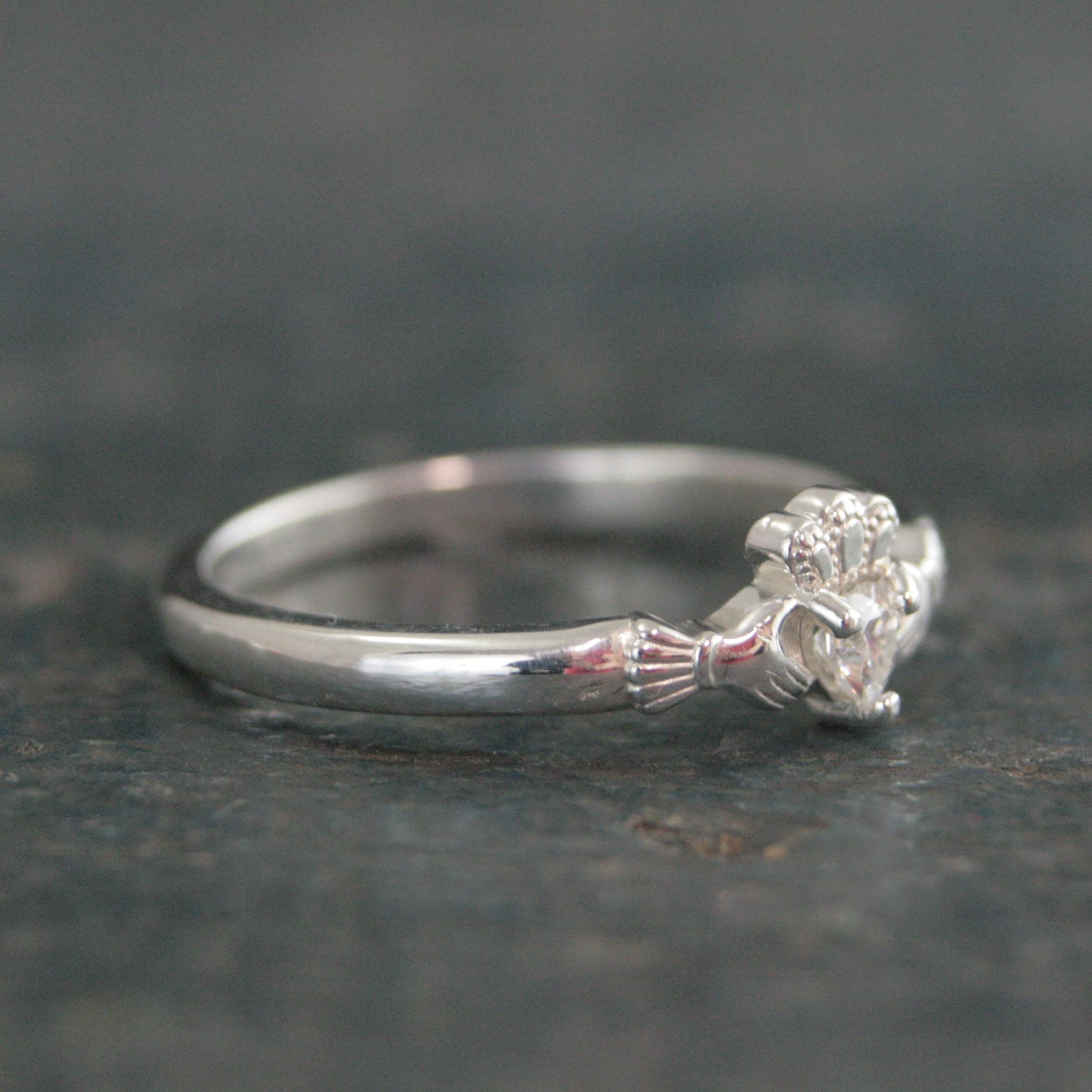 Tiny Celtic Heart Ring Moissanite Heart Silver Irish Claddagh Ring Promise Ring Sweet 16 Ring Claddagh Wedding Band Petite Engagement Ring