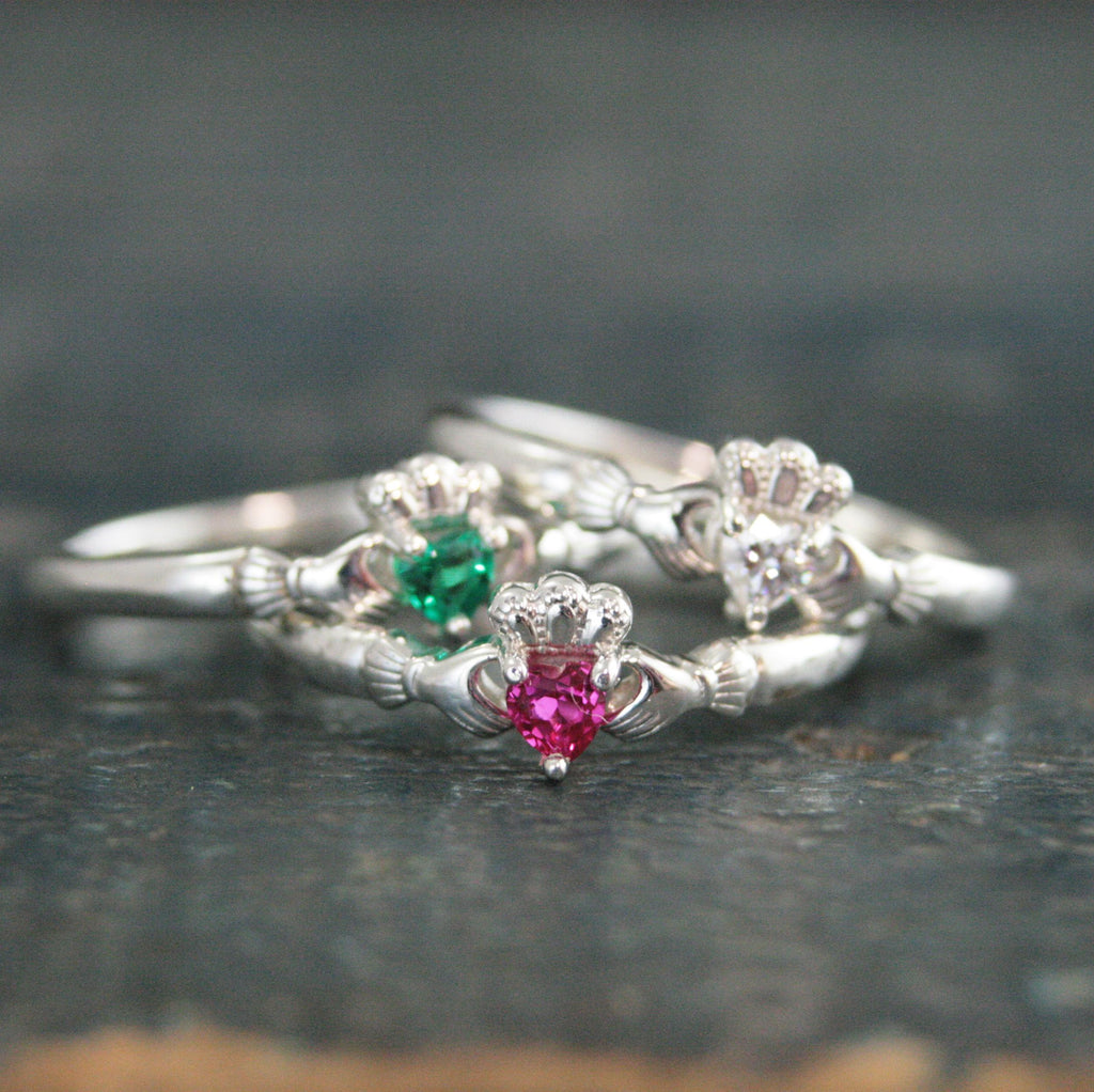 Tiny Celtic Heart Ring Claddagh Ring with Lab Grown Emerald Heart Irish Claddagh Ring Silver Heart and Hands Friendship Ring St. Patrick's