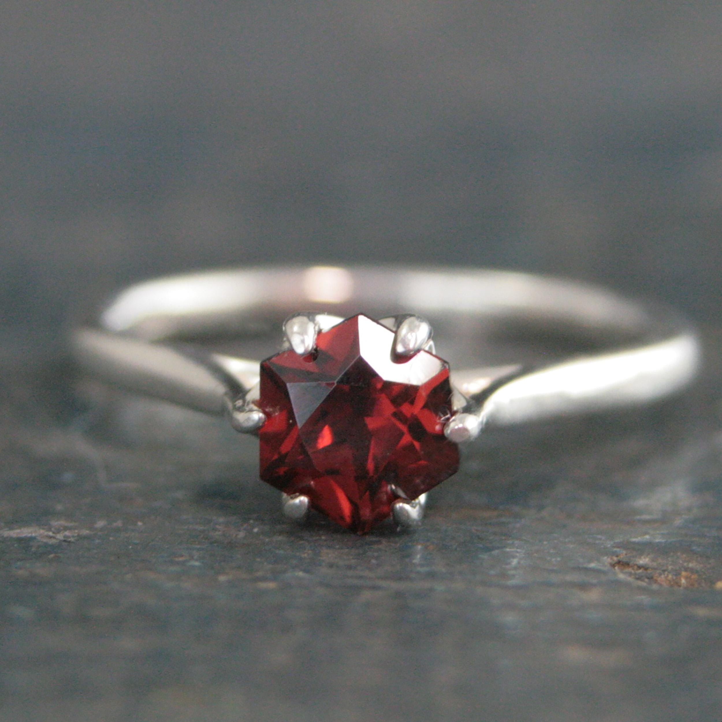 Silver Hexagon Ring Red Garnet Ring Unique Hexagon Stone Mozambique Garnet Natural Ethically Sourced Recycled Metal January Birthstone Ring