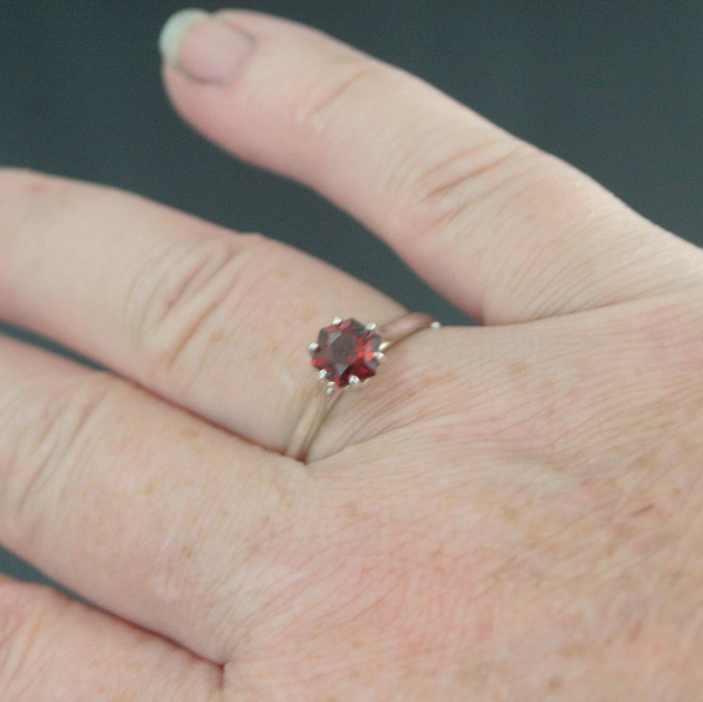 Silver Hexagon Ring Red Garnet Ring Unique Hexagon Stone Mozambique Garnet Natural Ethically Sourced Recycled Metal January Birthstone Ring