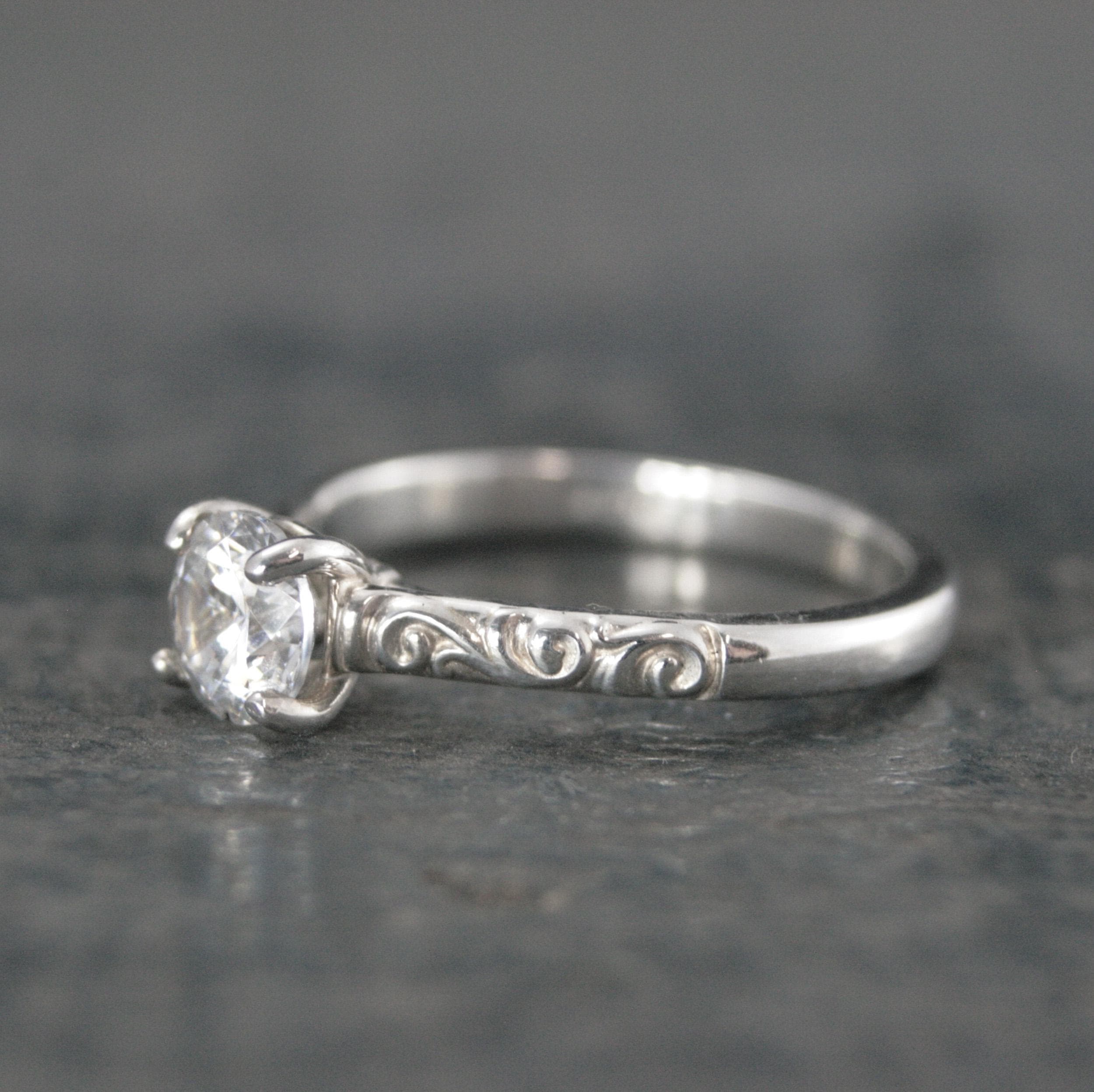 Silver Solitaire Flourish Swirl Cathedral Alice Design Economical Engagement Ring Cubic Zirconia Moissanite Lab Diamond