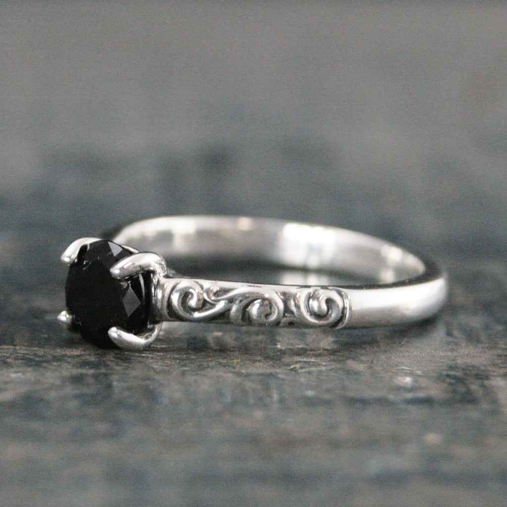 Sterling Silver Onyx Ring Cathedral Solitaire Gothic Engagement Ring Black Stone Protection Ring Swirl Design Dark Alice Flourish Ring
