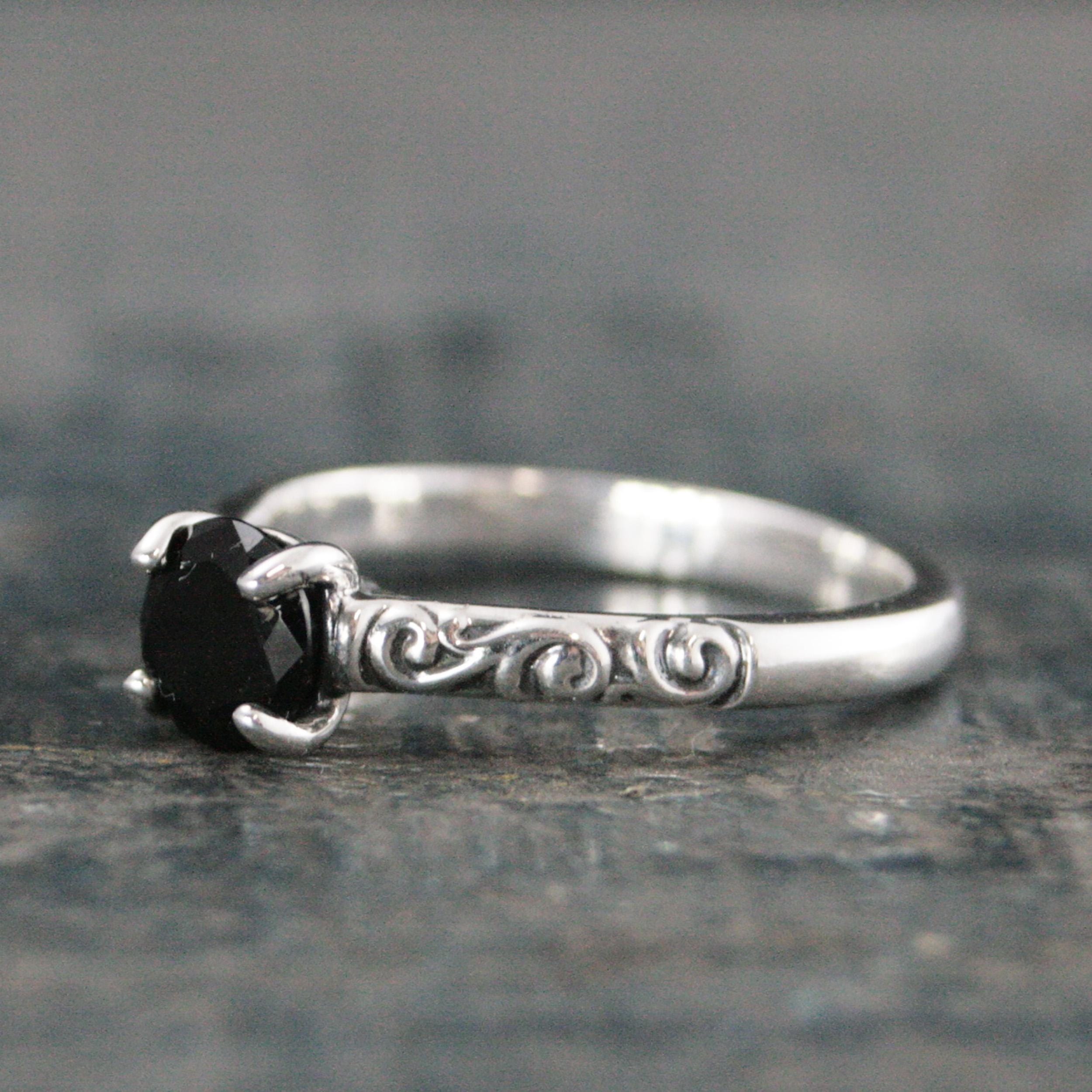 Sterling Silver Onyx Ring Cathedral Solitaire Gothic Engagement Ring Black Stone Protection Ring Swirl Design Dark Alice Flourish Ring