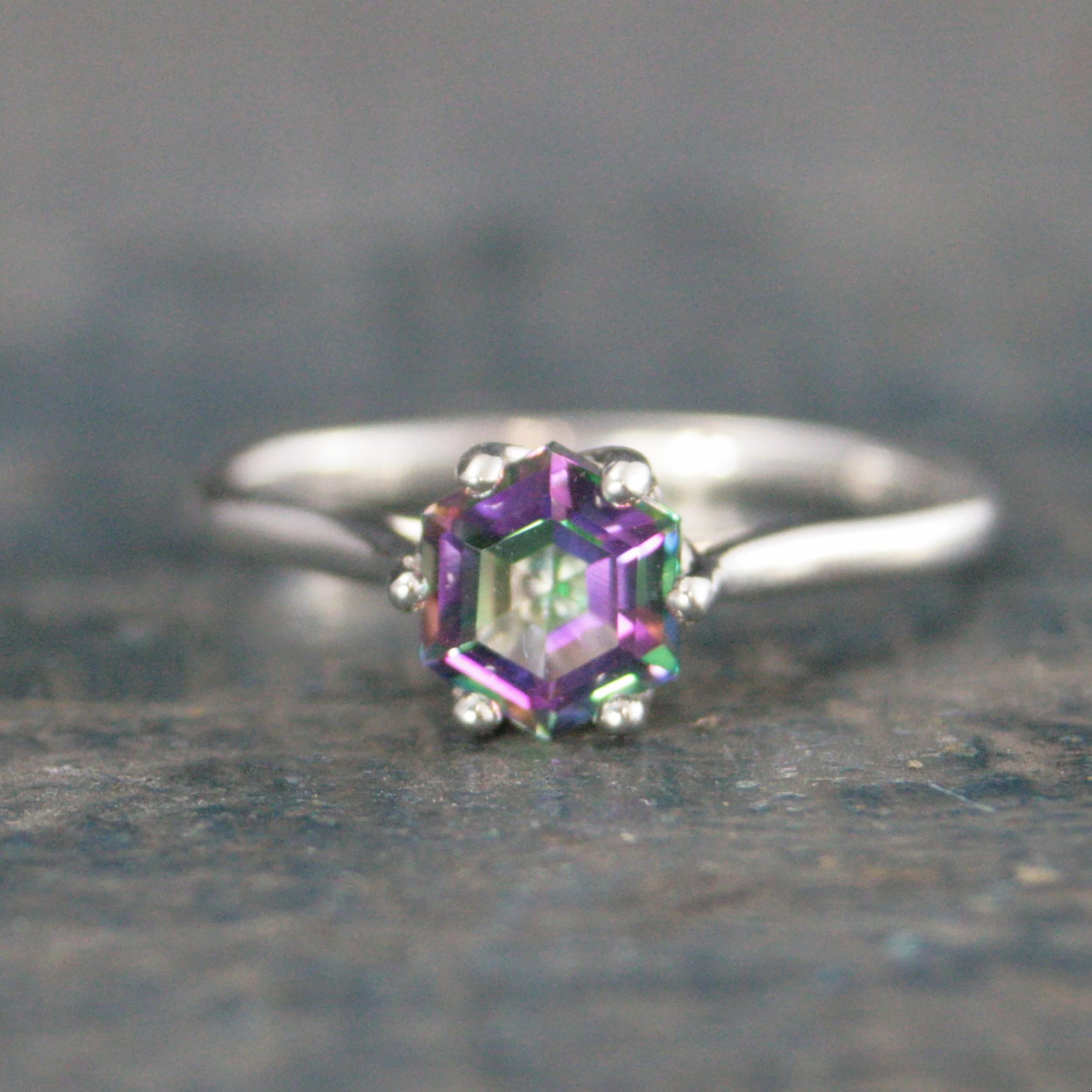 Dark Mystic Topaz Cathedral Solitaire Hexagon Rainbow Topaz Sterling Silver Dark Fairy Engagement Ring Fantasy Dragon Ring