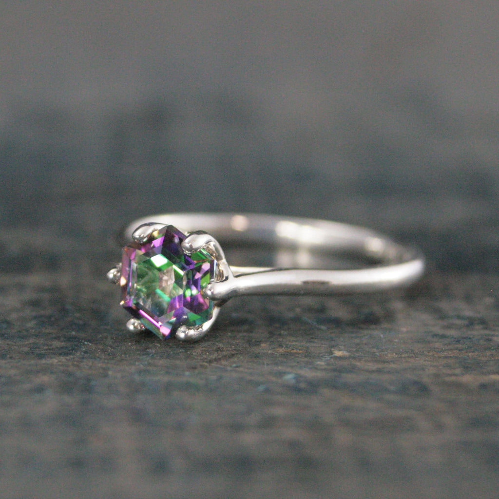 Dark Mystic Topaz Cathedral Solitaire Hexagon Rainbow Topaz Sterling Silver Dark Fairy Engagement Ring Fantasy Dragon Ring