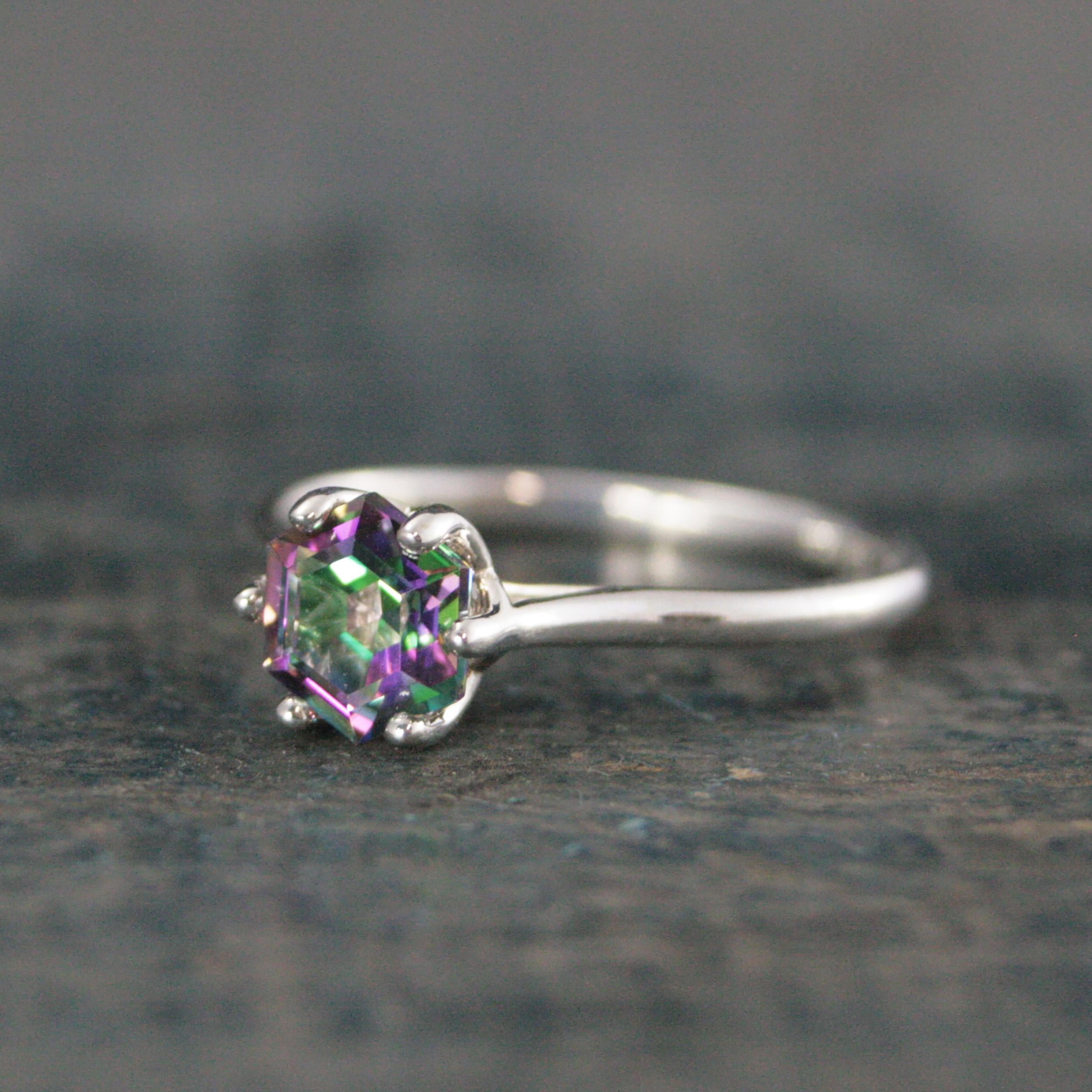 Dark Mystic Topaz Cathedral Solitaire Hexagon Rainbow Topaz Sterling Silver Dark Fairy Engagement Ring Fantasy Dragon Ring