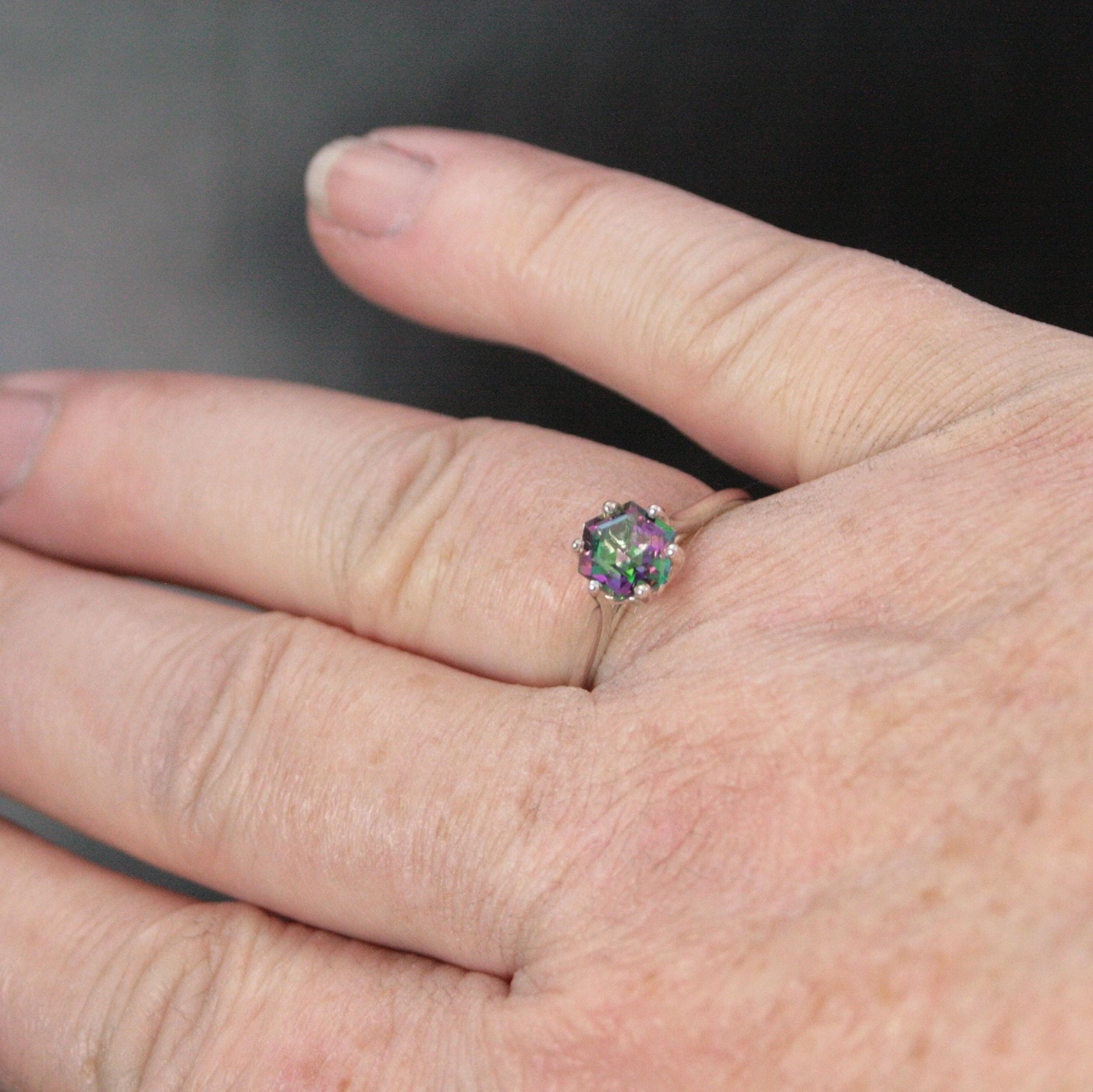 Dark Mystic Topaz Cathedral Solitaire Hexagon Rainbow Topaz Sterling Silver Dark Fairy Engagement Ring Fantasy Dragon Ring