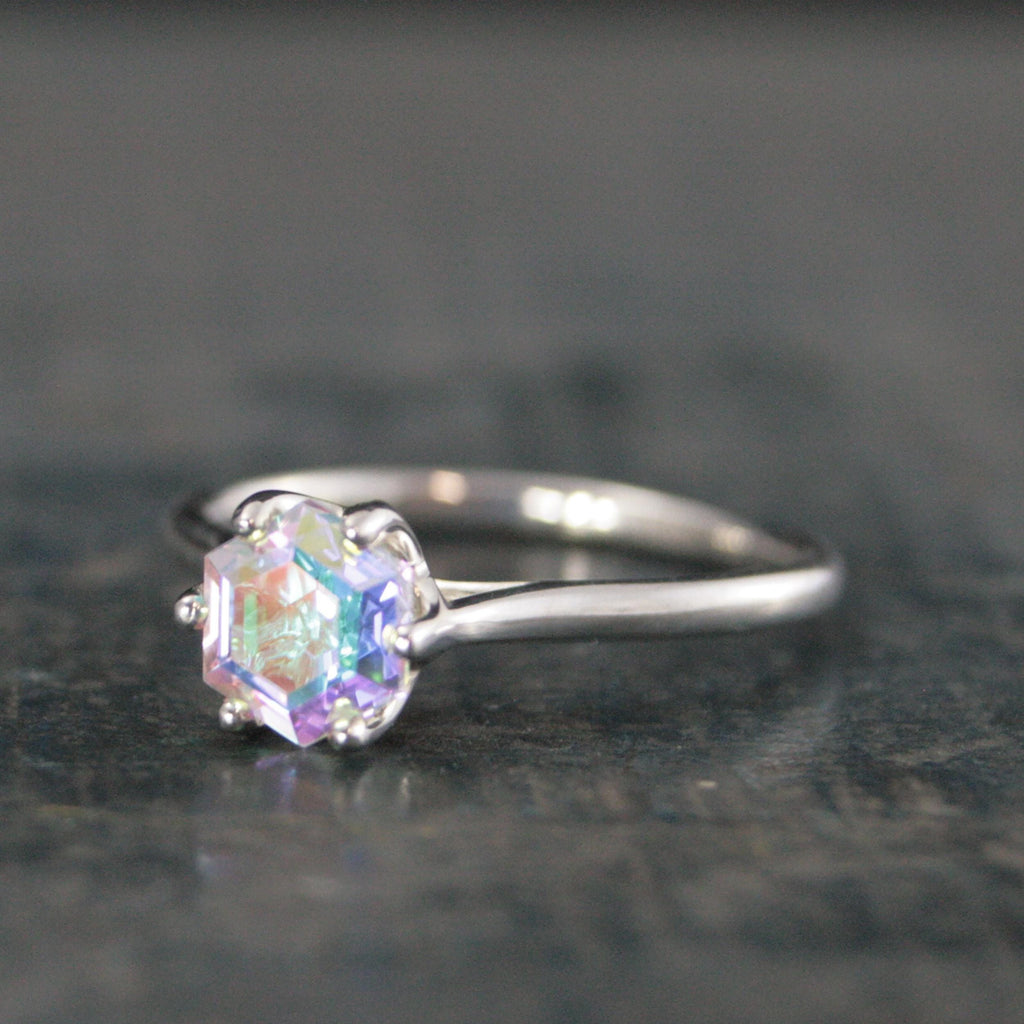 Hexagon Mystic Topaz Cathedral Solitaire Unique Hexagon Rainbow Stone Fantasy Engagement Ring Rainbow Fairy Ring Sterling Silver