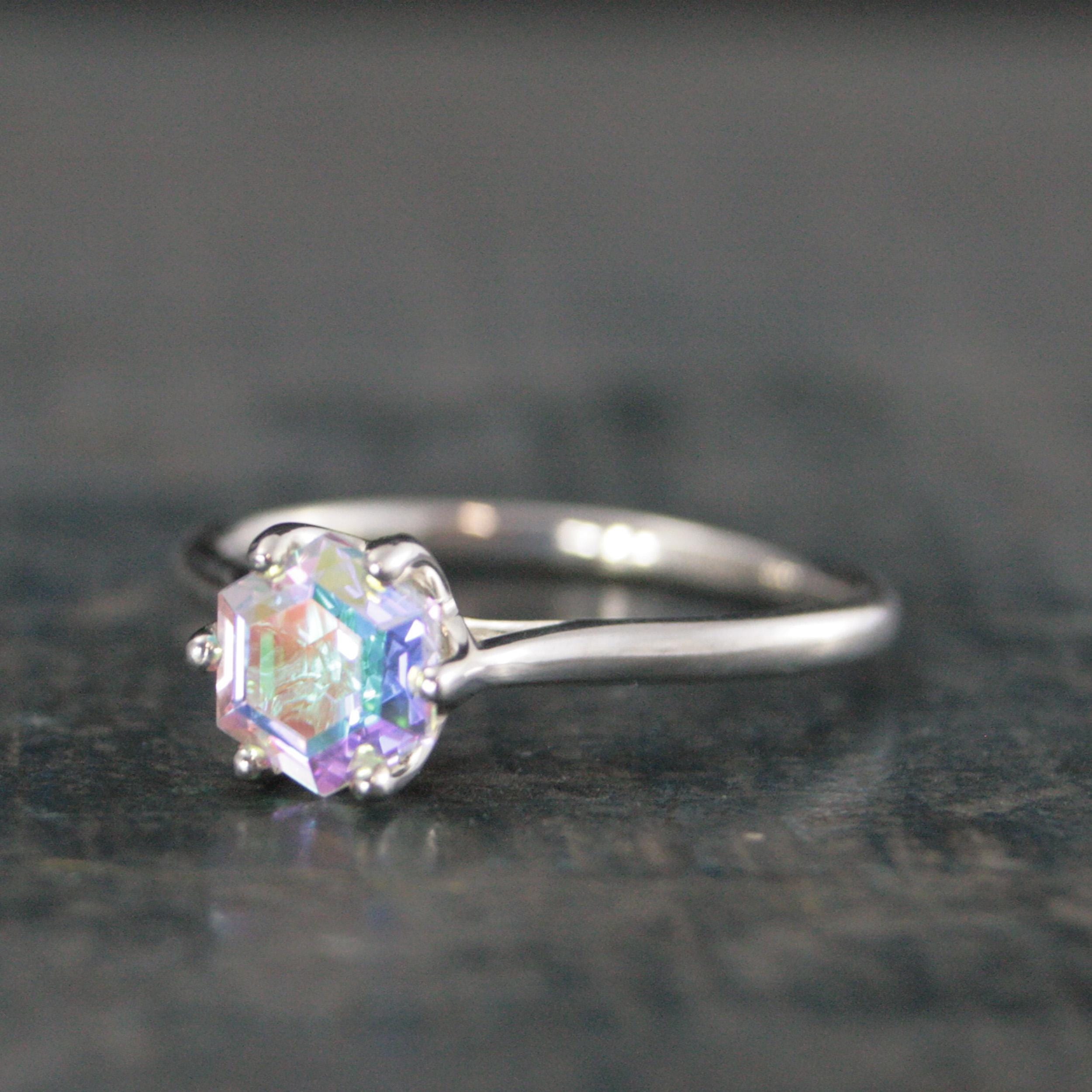 Hexagon Mystic Topaz Cathedral Solitaire Unique Hexagon Rainbow Stone Fantasy Engagement Ring Rainbow Fairy Ring Sterling Silver