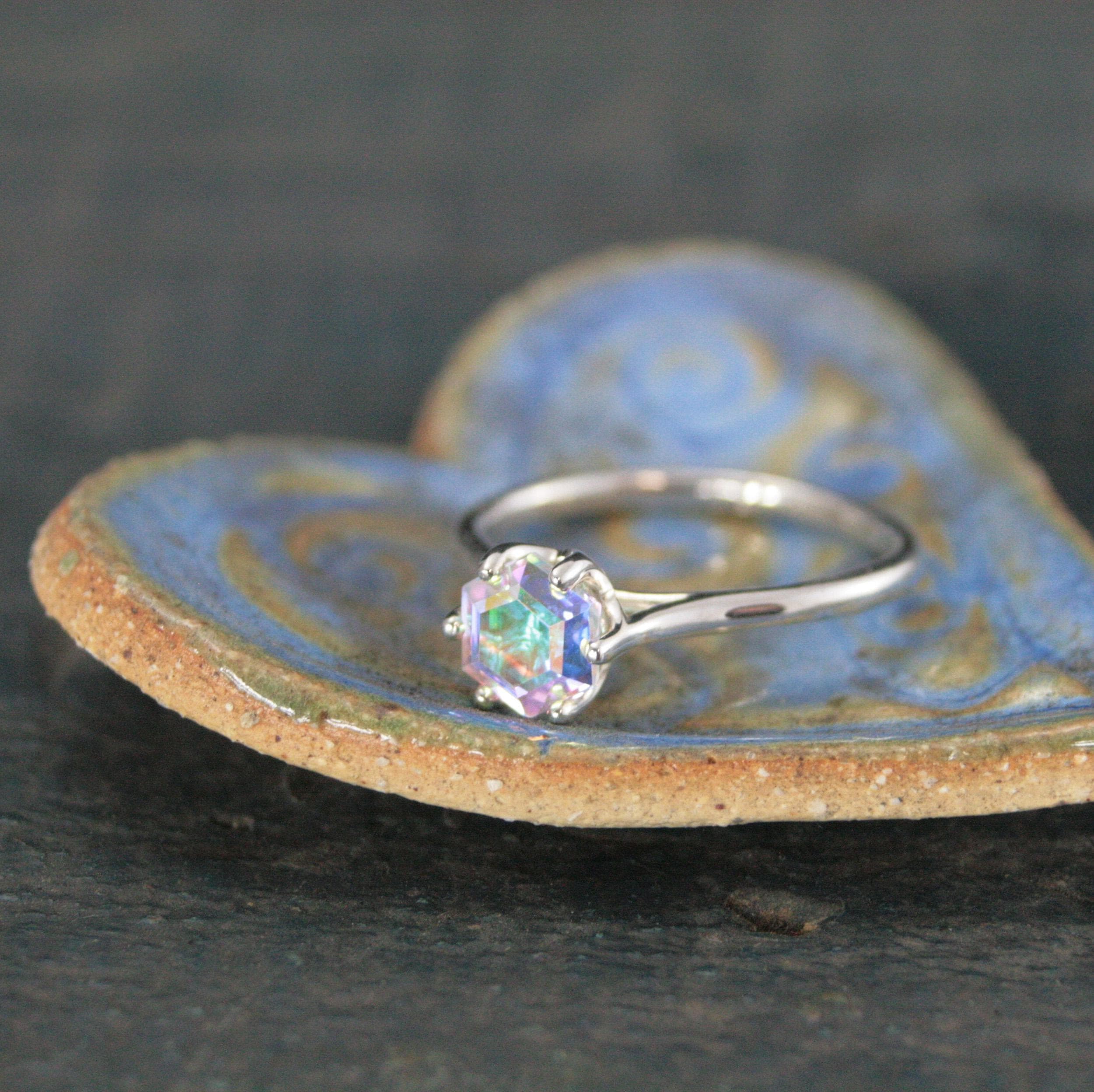 Hexagon Mystic Topaz Cathedral Solitaire Unique Hexagon Rainbow Stone Fantasy Engagement Ring Rainbow Fairy Ring Sterling Silver