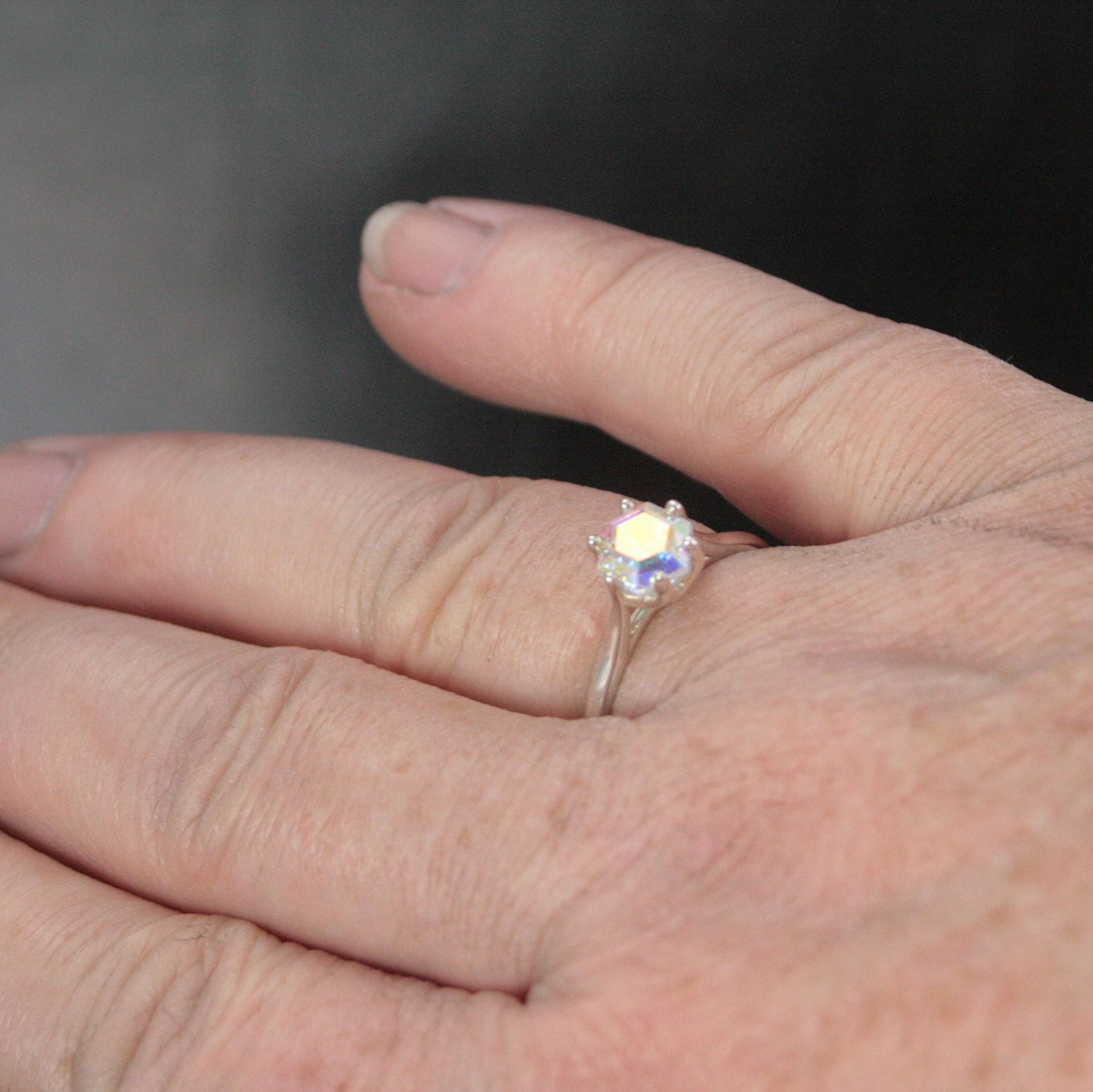 Hexagon Mystic Topaz Cathedral Solitaire Unique Hexagon Rainbow Stone Fantasy Engagement Ring Rainbow Fairy Ring Sterling Silver