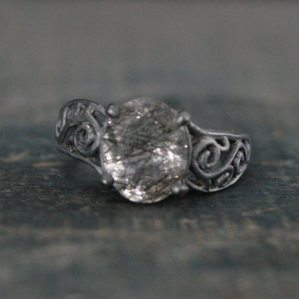 Rutilated Quartz Ring Oval Bypass Ring Black Silver Ring Black Filigree Ring 8x10 Oval Black Tourmalinated Quartz Gothic Swirl Ring