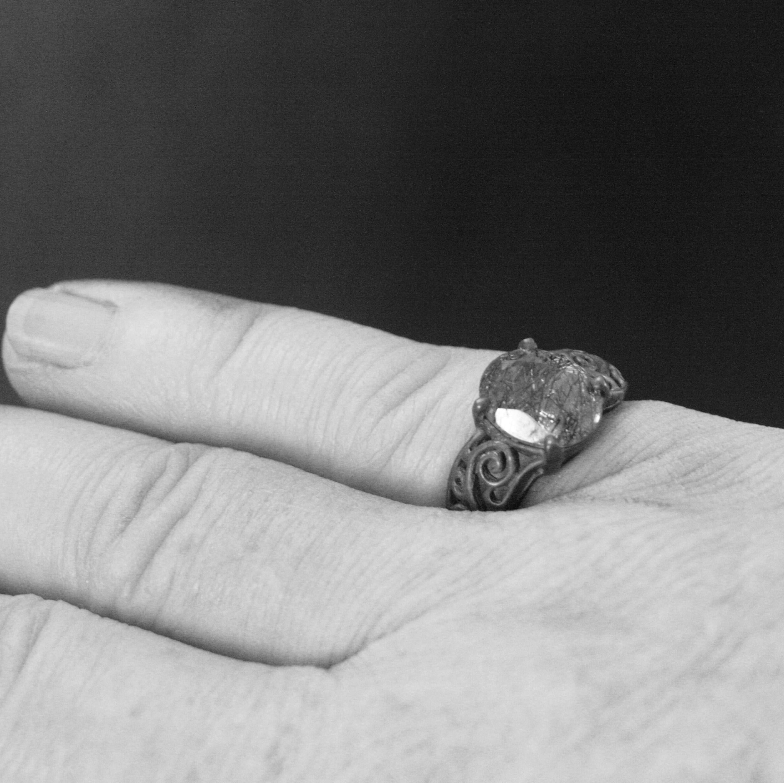 Rutilated Quartz Ring Oval Bypass Ring Black Silver Ring Black Filigree Ring 8x10 Oval Black Tourmalinated Quartz Gothic Swirl Ring